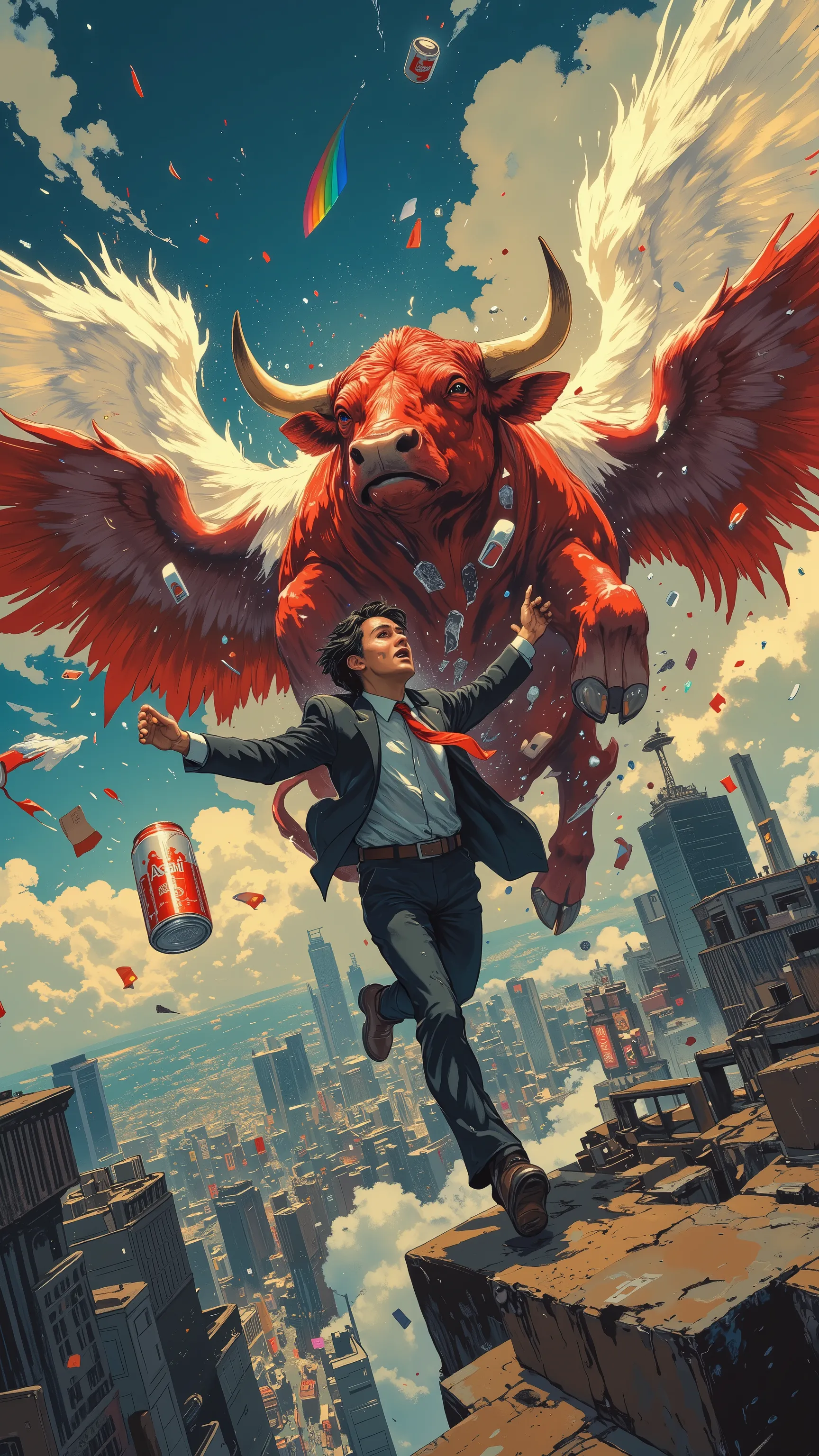 top quality, Ultra Fine, photorealistic, Giant Red Bull, Shining Pure White Angel Wings, office worker in suit rubbing chest and butt, comical and fantastic atmosphere {x} puzzled yet desperately clinging to a cow, Disheveled Necktie, Briefcase, Running in...