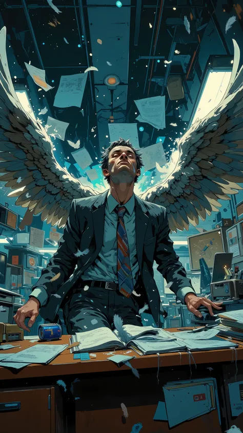 top quality, Ultra Fine, photorealistic, exhausted office worker, The moment you drink Red Bull, Spreading tiny wings, A comical mistake, Confused Expression, Wrinkled suit, crooked necktie, Messy desk area, An empty Red Bull can, A tiny, mismatched feathe...