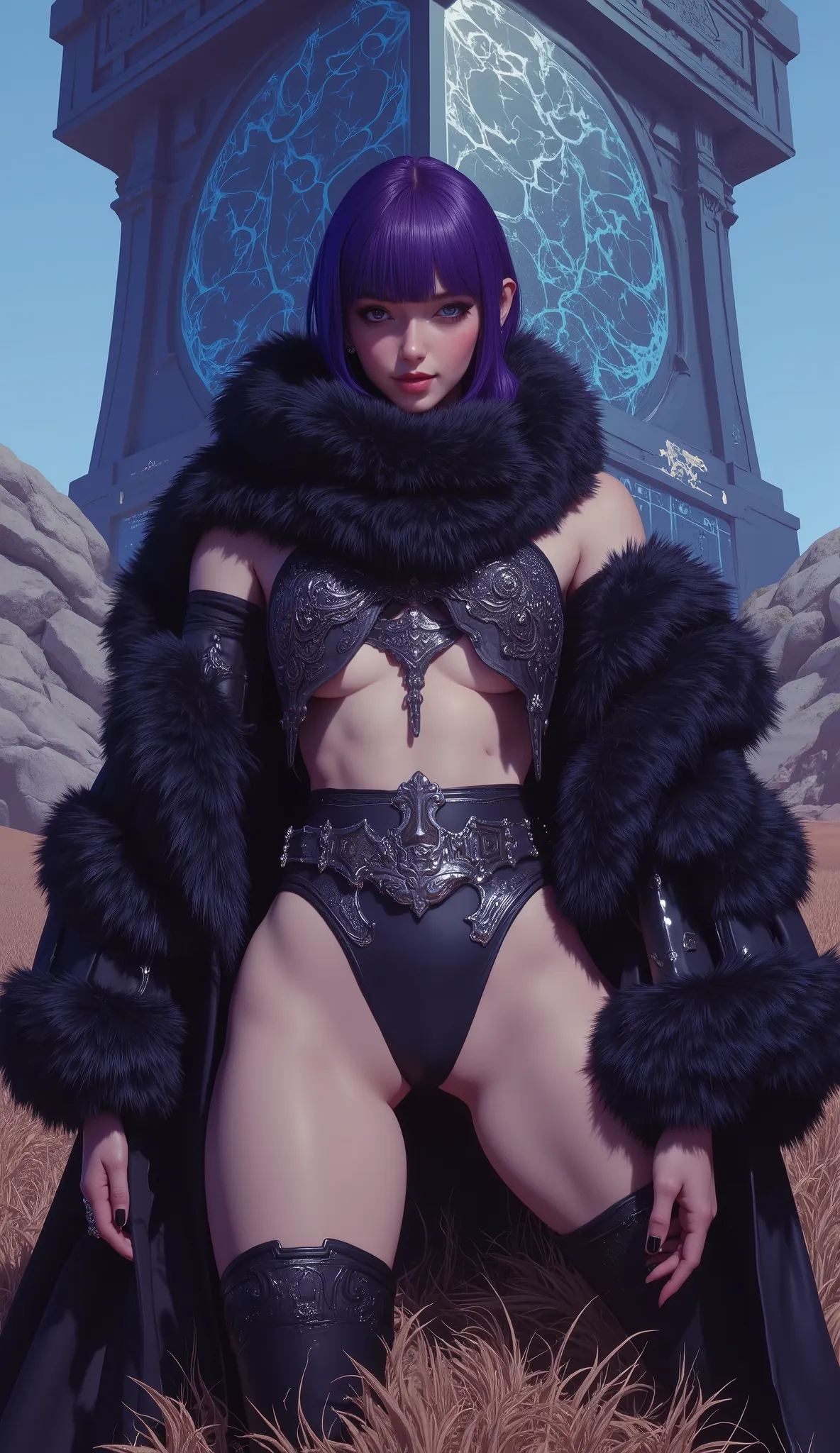 A cinematic full-body masterpiece portrait of a captivating fantasy female villain with a perfect, alluring figure and flawless anatomy. She has short, vibrant purple hair with long bangs artfully obscuring her left eye, and a headband across her forehead....