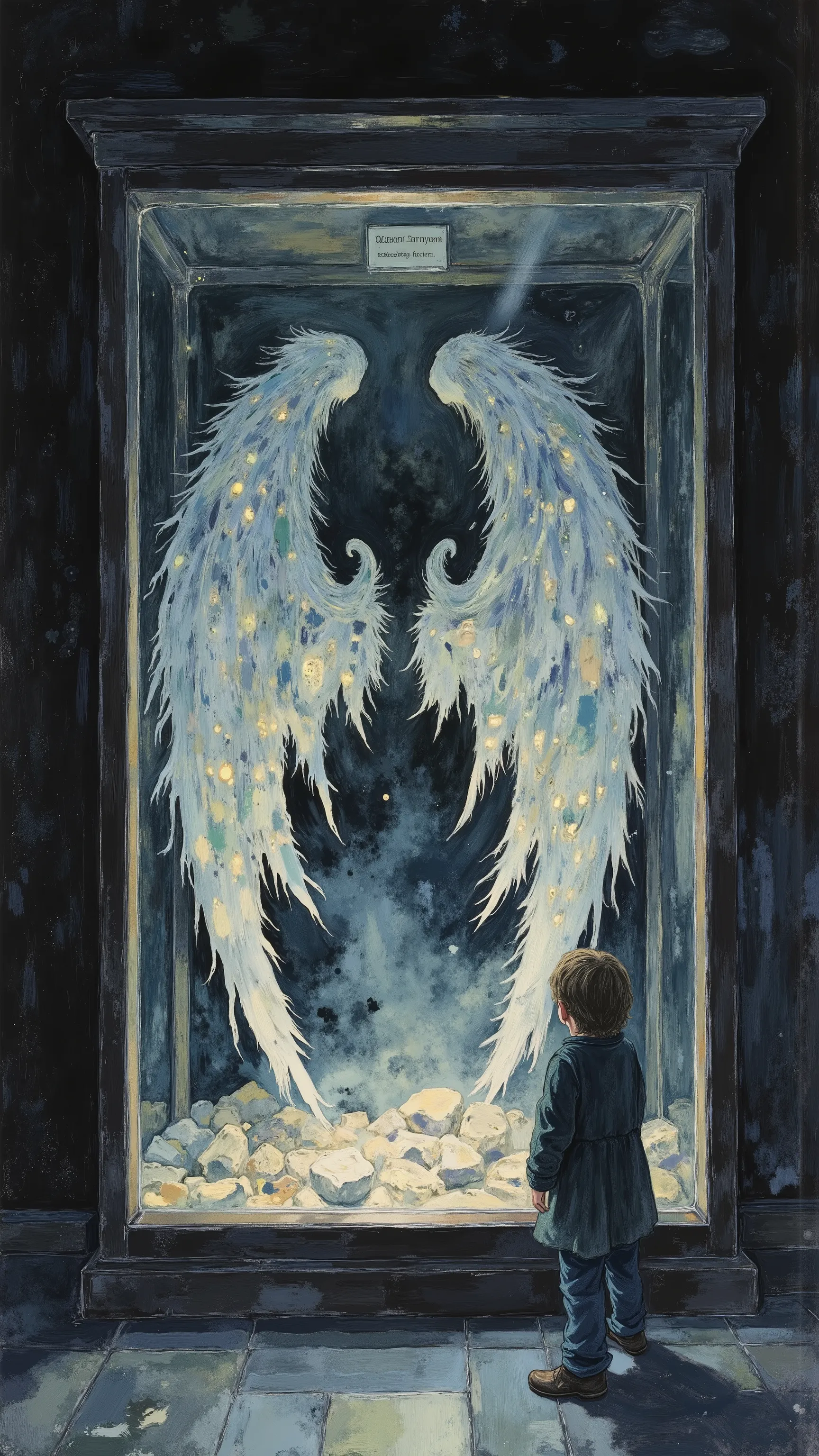 a massive glass case in a dark museum, containing the skeletal remains of angel wings,  
a young child staring at it, awe and fear on their face,  
within the hollow bones, faint light pulses — something is still alive,  
a plaque reads "Specimen: Seraphim...