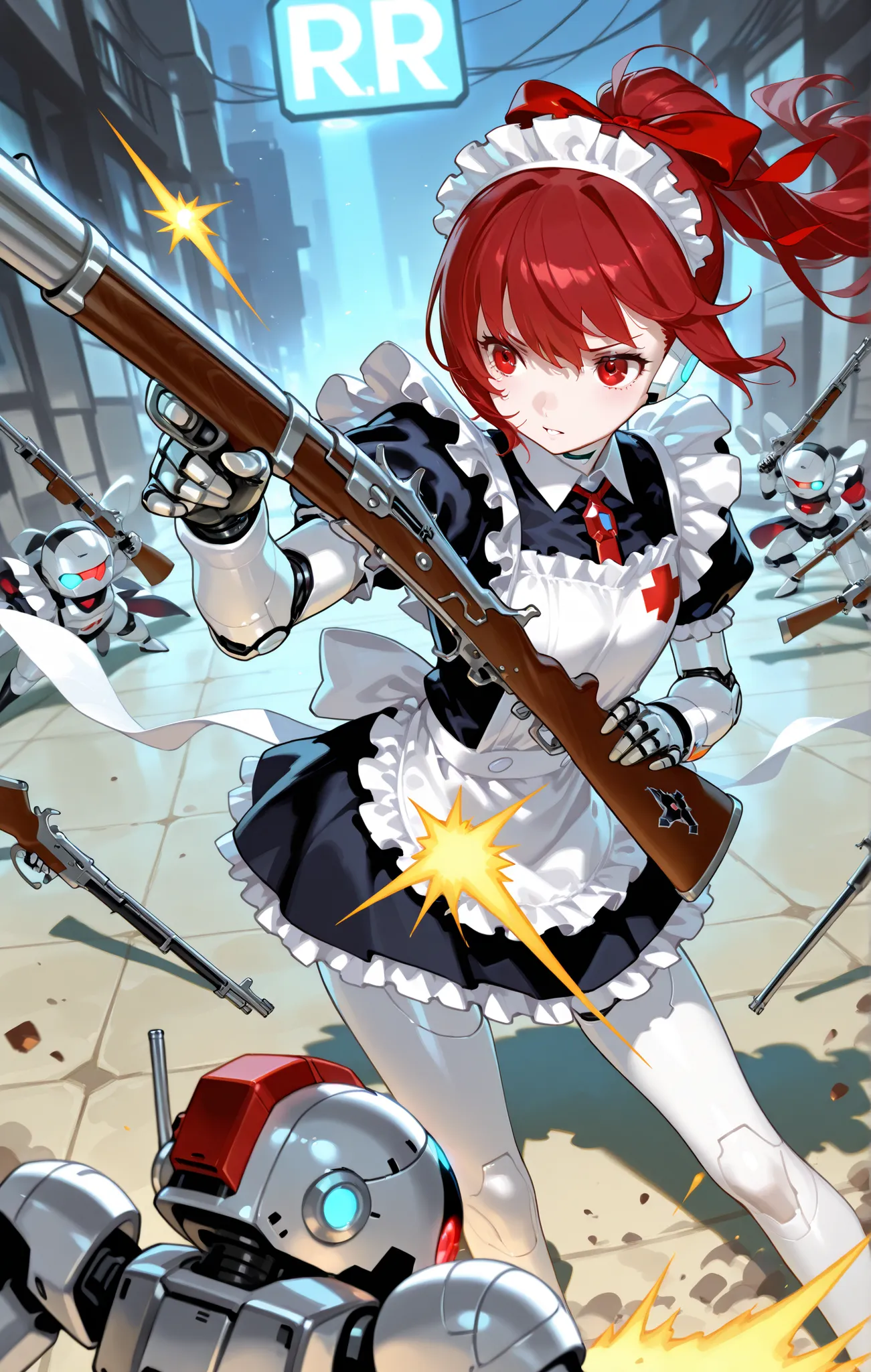 Maid, クラシックMaid衣装, Musket  ,Red hair、Red Eyes、red high ponytail,Red hair bow,shooting、Disconnect,  ,,and android,robot