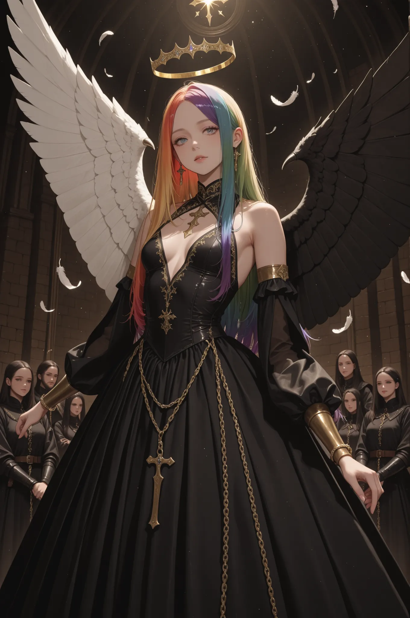Bat wings made of bone、White Wings and Black Wings、Medieval appearance、Shining angel halo、long hair parted to the center、rainbow hair、small breasts、 White and black dress holding shisha 、thin gold chain、feathers are dancing