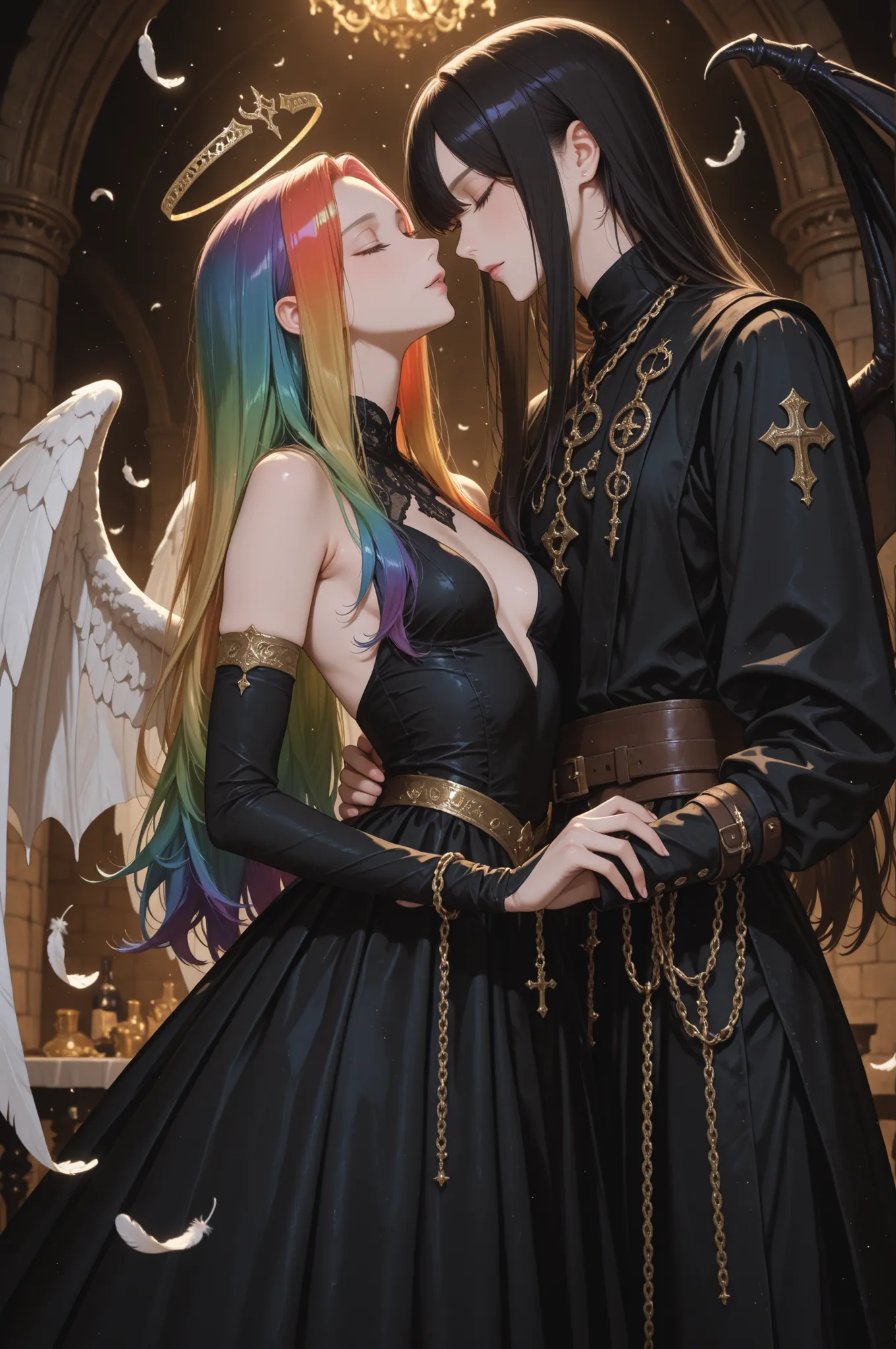 white bat wings and black bat wings、Medieval appearance、Shining angel halo、long hair parted to the center、rainbow hair、small breasts、 White and black dress holding shisha 、thin gold chain、feathers are dancing