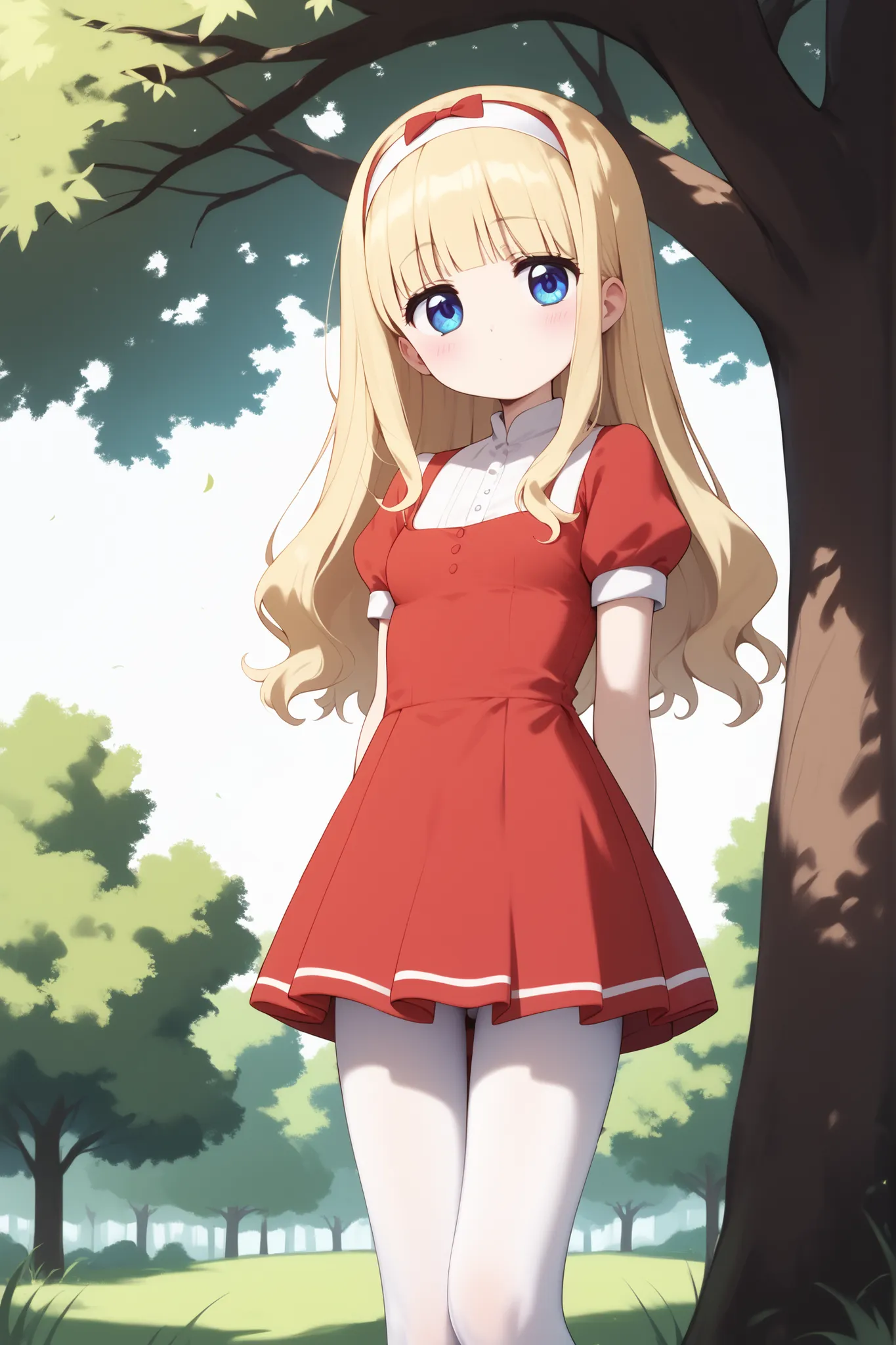 long blonde hair ,blue eyes,short red dress , white pantyhose ,slender legs,small breasts, blushed,headband tree in the hair,standing in front of a tree ,shyly placing  