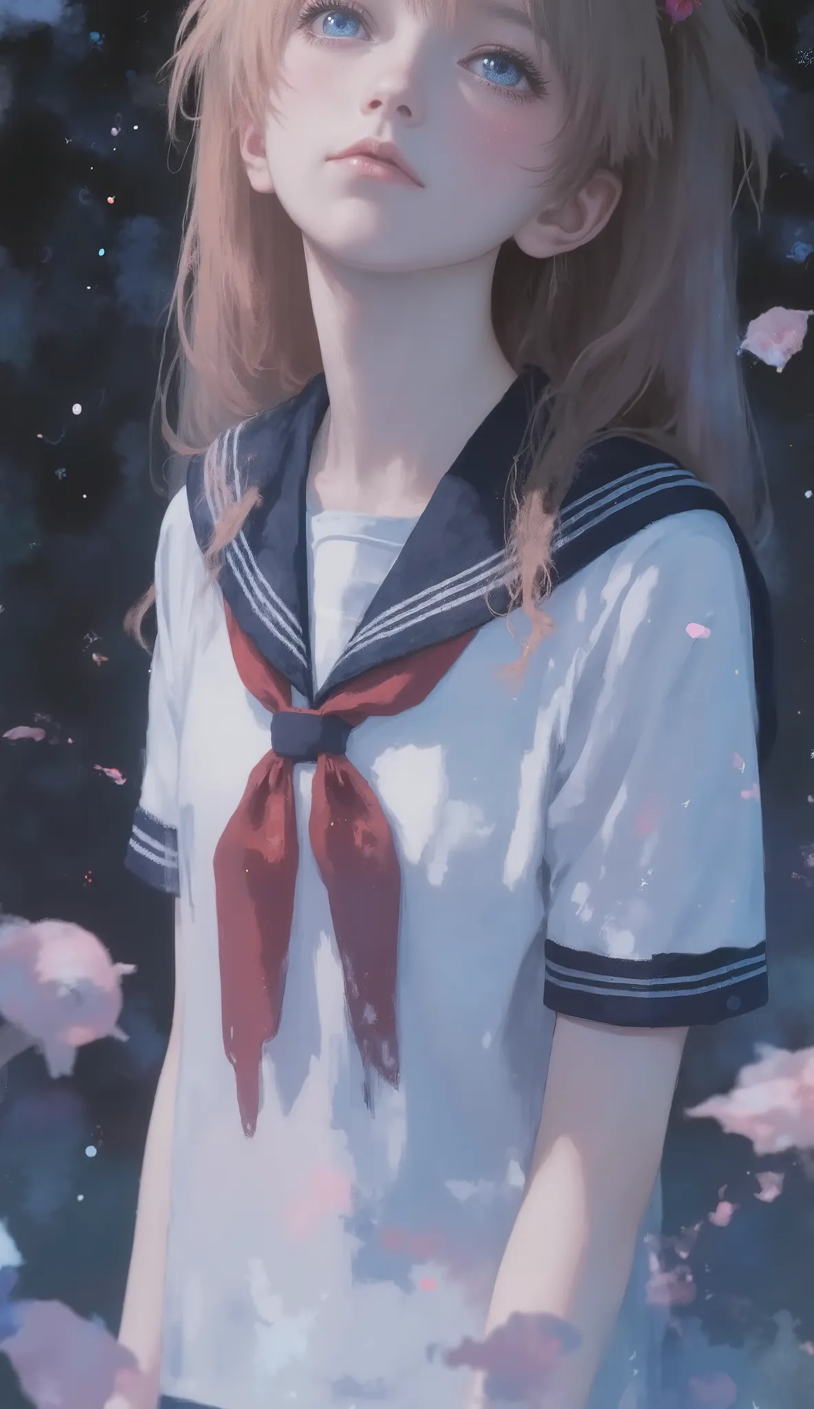 A young girl with loose light pink hair、Standing in a dim environment with a mystical atmosphere. her gaze is directed at the viewer, and she whispers、or as if to hide her expression、is pointing one hand at her face. , she wears a traditional Japanese scho...