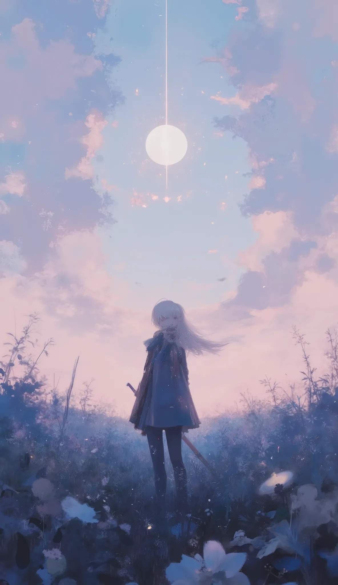 exudes this poignant work, A lonely figure stands in the beautiful, tall grass and delicate weeds. So、faintly illuminates the scene, Dreamy Texture , A field overgrown with weeds。. soft pastel Blend the background and foreground when it gets dark, is born...