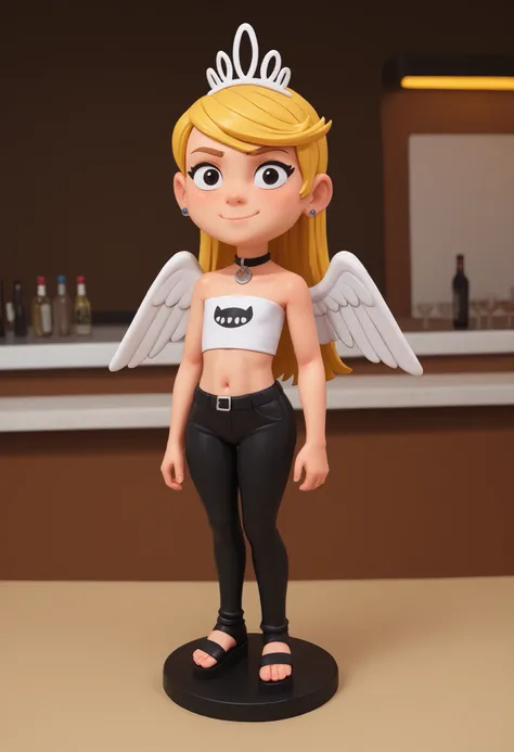 flat breasts. flat chest, skinny, huge hips, looking at viewer, 1o1a, blonde hair, tiara, Black eyes, earrings, necklace, choker. | score_9, score_8_up, score_7_up, faux figurine, nendoroid, full body, figure, platform, solo, Anime, 1girl, masterpiece, be...