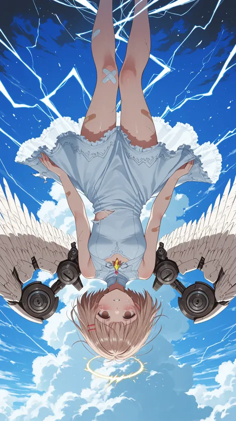 chise (saishuu heiki kanojo) a machinery angelic girl falling upside down through a dark, stormy fantasy sky, clumsy girl with very little self-esteem and has poor grades, her expression empty and hopeless, her once radiant wings torn, tattered, and staine...