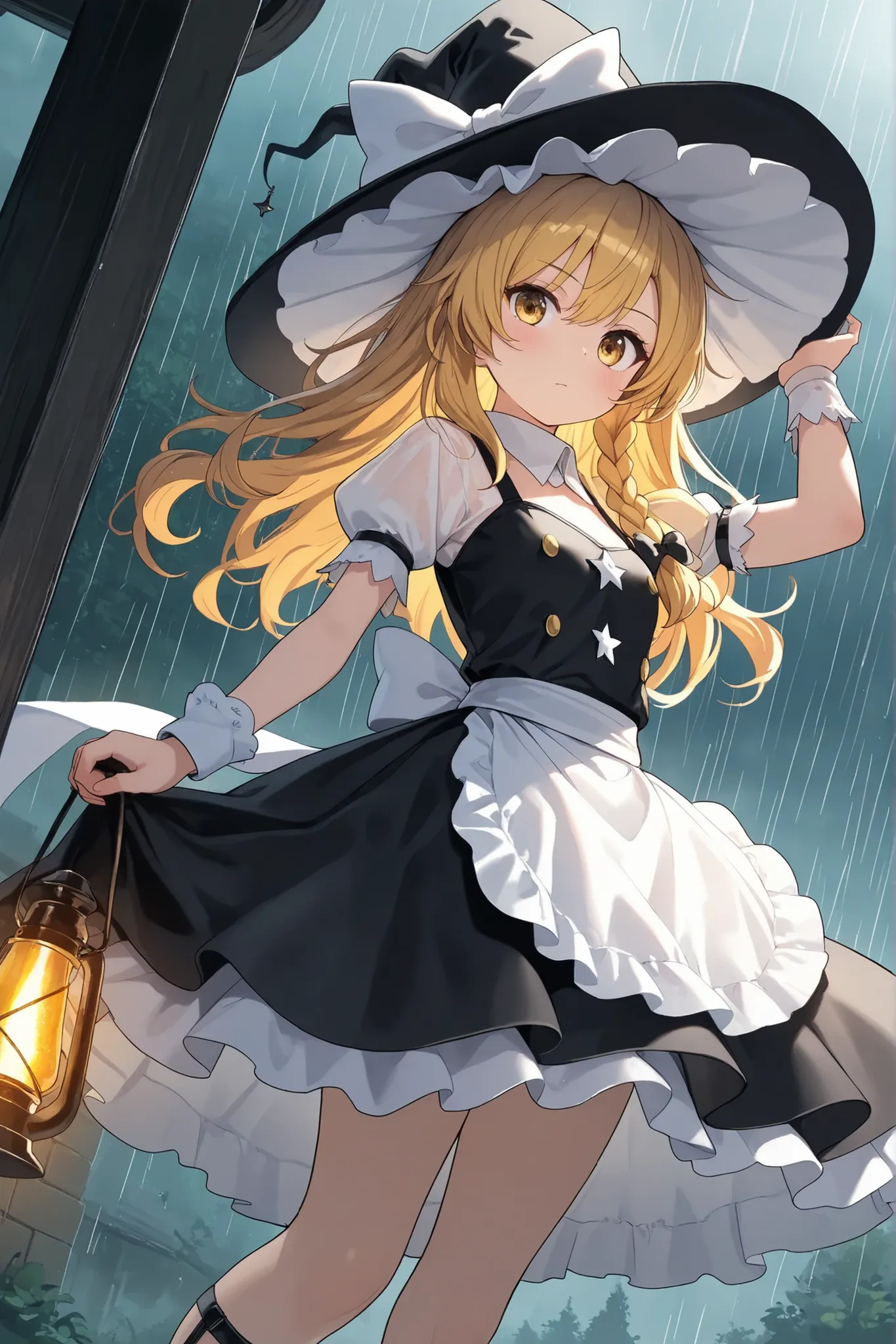 (Quality, 4k, A High Resolution, Masterpiece), Marisa Kirisame, blonde hair, long hair, side braid, golden eyes, black witch dress, white collar, white cuffs, white apron-like front, black pointy witch hat, white ribbon on hat, black Mary Janes, rain