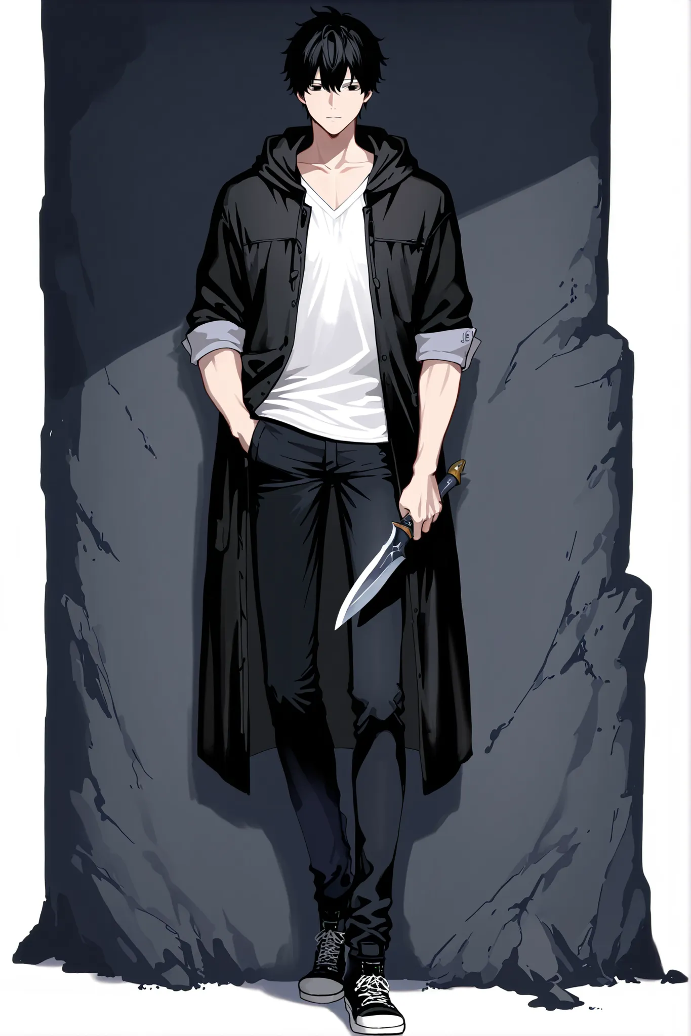 1 male, handsome, simply standing, front view, black hair, black eyes, eye highlights, v-neck short sleeve white t-shirt, black hooded coat (sleeves roughly rolled up), black jeans, black sneakers, holding a dagger in his right hand, keeping his left hand ...