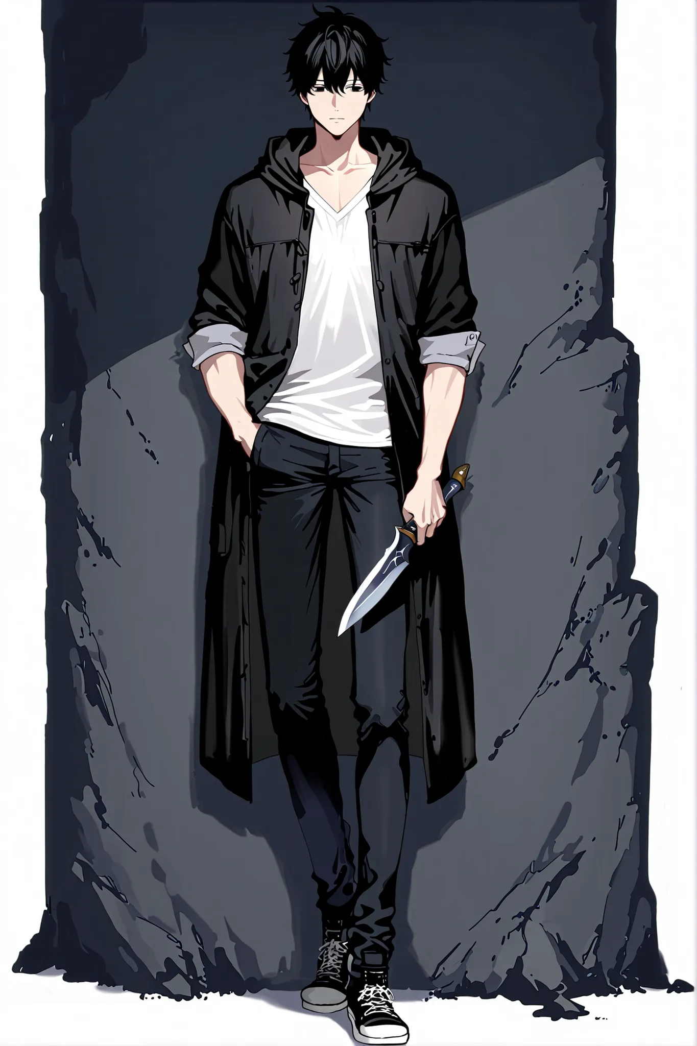 1 male, handsome, simply standing, front view, black hair, black eyes, eye highlights, v-neck short sleeve white t-shirt, black hooded coat (sleeves roughly rolled up), black jeans, black sneakers, holding a dagger in his right hand, keeping his left hand ...