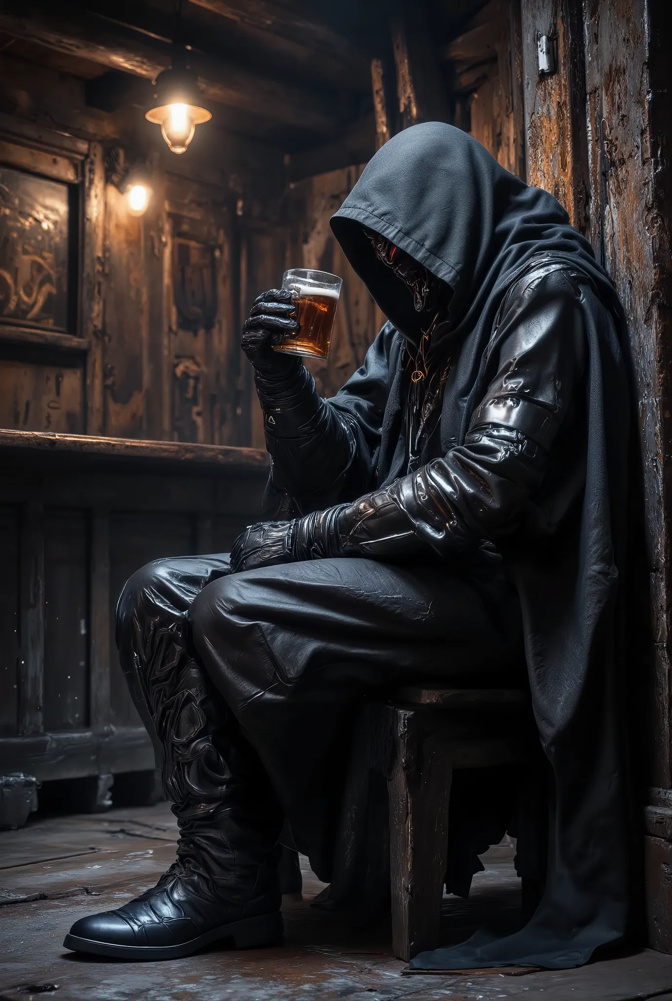 A mysterious cloaked male figure is sitting in the back corner of a tavern nursing his ale. The tavern has a seedy air to it. Cinematic lighting, intricate details, raw photography, dynamic pose, high contrast