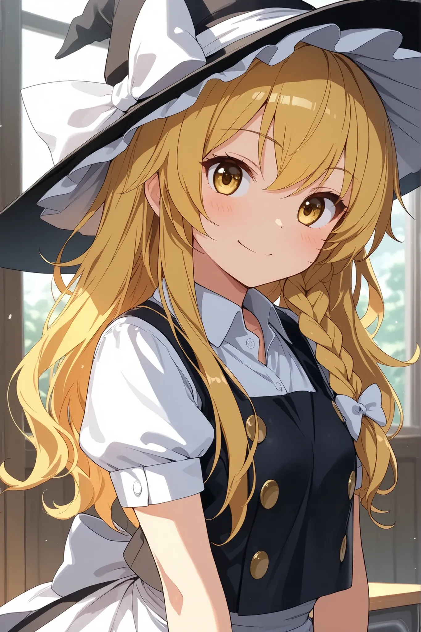 (Quality, 4k, A High Resolution, Masterpiece), Marisa Kirisame, smile, blonde hair, long hair, side braid, golden eyes, school uniform