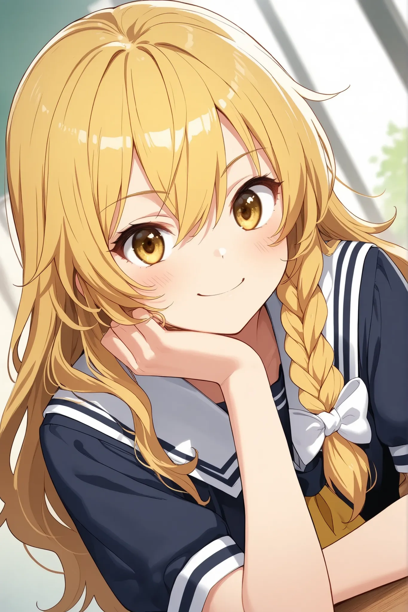 (Quality, 4k, A High Resolution, Masterpiece), Marisa Kirisame, smile, blonde hair, long hair, side braid, golden eyes, school uniform