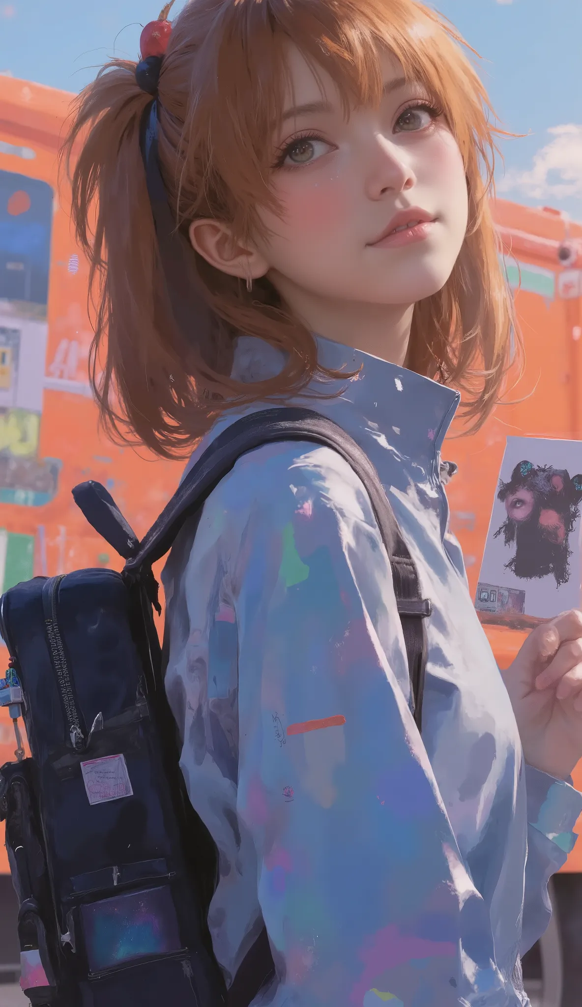 Arafe image of a person with a backpack and a sign, Norman Rockwell Ross Tran , satin ten style, waytech bus, 90s comic book character design, Vibrant Fanart , steel farm, PHOTO FAN ART , Gorilla's Art, Official Fanart, jacket and smiling with an upsho...