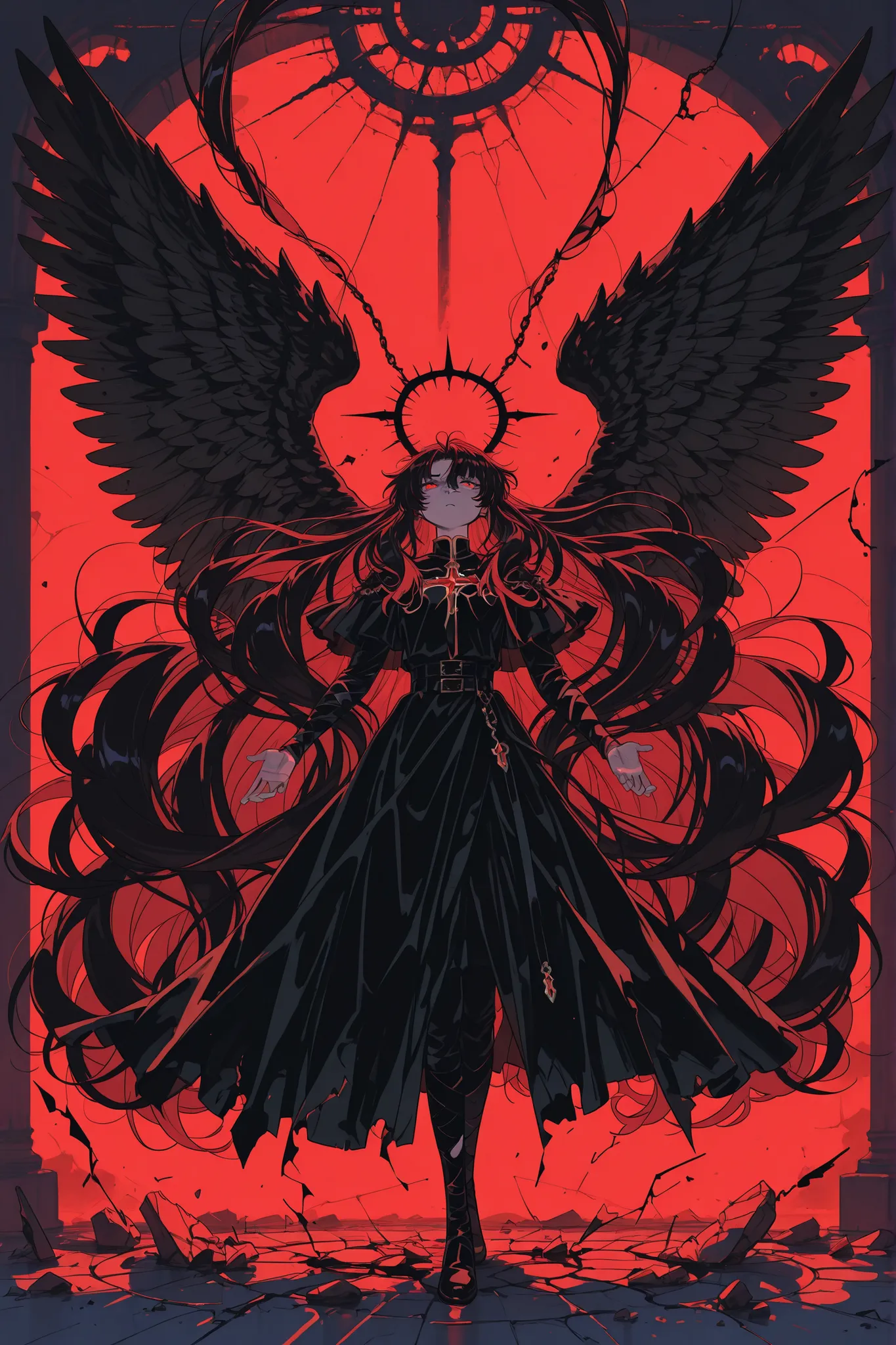 Broken-Winged Angel, full body, decote, very long hair, hyper detailed hair, very long broken black wings, panos brancos finos e transparentes servem como vestimenta