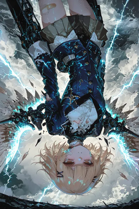 chise (saikano) a machinery angelic girl falling upside down through a dark, stormy fantasy sky, clumsy girl with very little self-esteem and has poor grades, her expression empty and hopeless, her once radiant wings torn, tattered, and stained, completely...