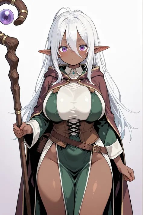 dark skinned elf girl, large breasts, young short, purple eyes, long white hair, empty background, wizard staff, brown adventurer outfit, wizard staff
