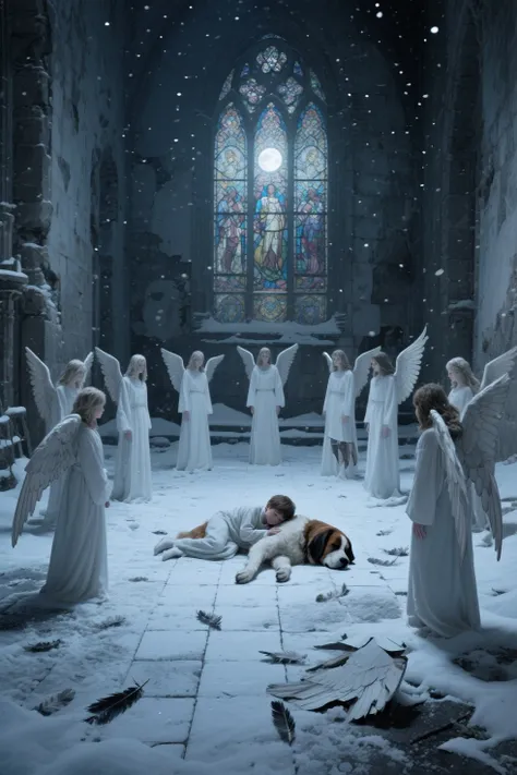 Snowy Night、inside a decayed stone church。冷たい床の上に、faded stained glass on the background、were clearly depicted in separate figures、sleeping quietly on a cold floor。about 10 angels standing around them, but、their wings were those with only one wing left、those with one side completely broken and hanging on the ground、those whose feathers fell off due to partial damage to both wings, etc.、and。angels all have imperfect wings、as if they wanted to help but couldn't help、confused、standing and staring。wearing white robes、pale moonlight shining in、a boy and a large dog St. Bernard。a cool, quiet atmosphere throughout、absurd air drifts。real taste The finish looks like the picture