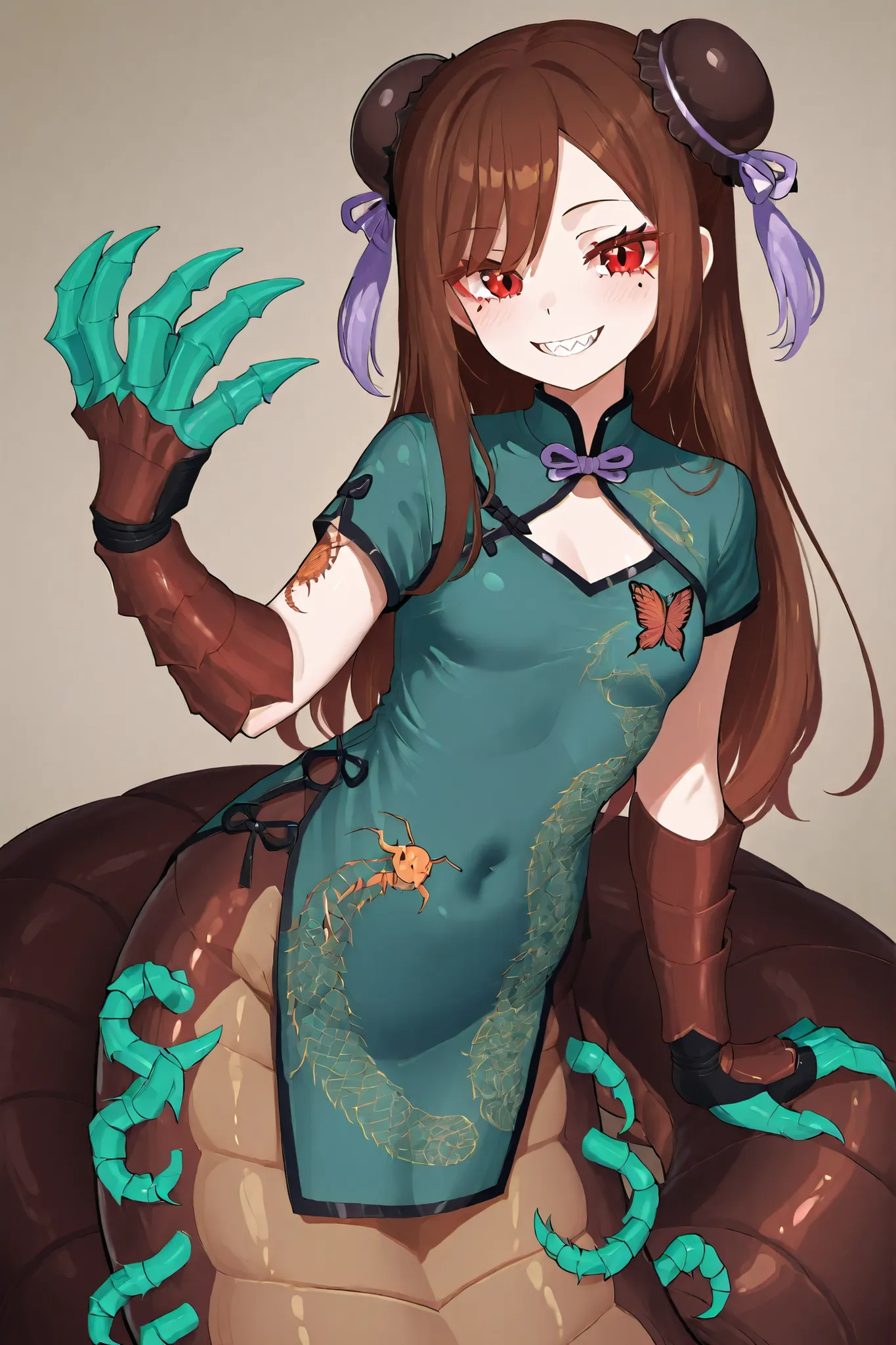 Centipede Fusion Girl. Lamia style. Brown centipede body. Mint colored insect legs. Brown hair. Side bangs. Forehead. Compound eyes. Black chignon cap. Red eyes. Butterfly tattoo on under eye. Grin. Mint colored armored arms. Sharp claws. Chinese dress. La...