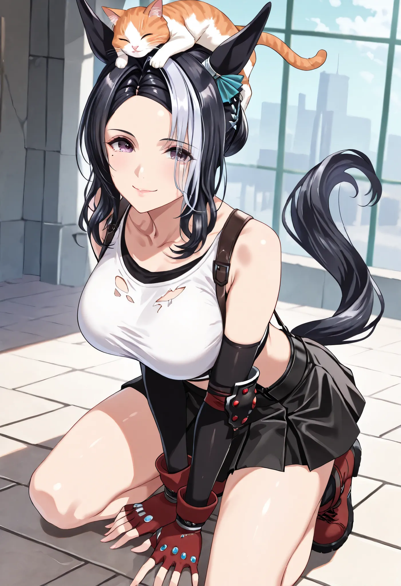 (masterpiece, best quality, perfect face:1.4), wide angle, full body, mejiro ramonu \(umamusume\), black hair, white hair, multicolored hair, purple eyes, mole under eye, ear ornament, horse ears, horse tail, tail on the lower back, proportional body, prop...