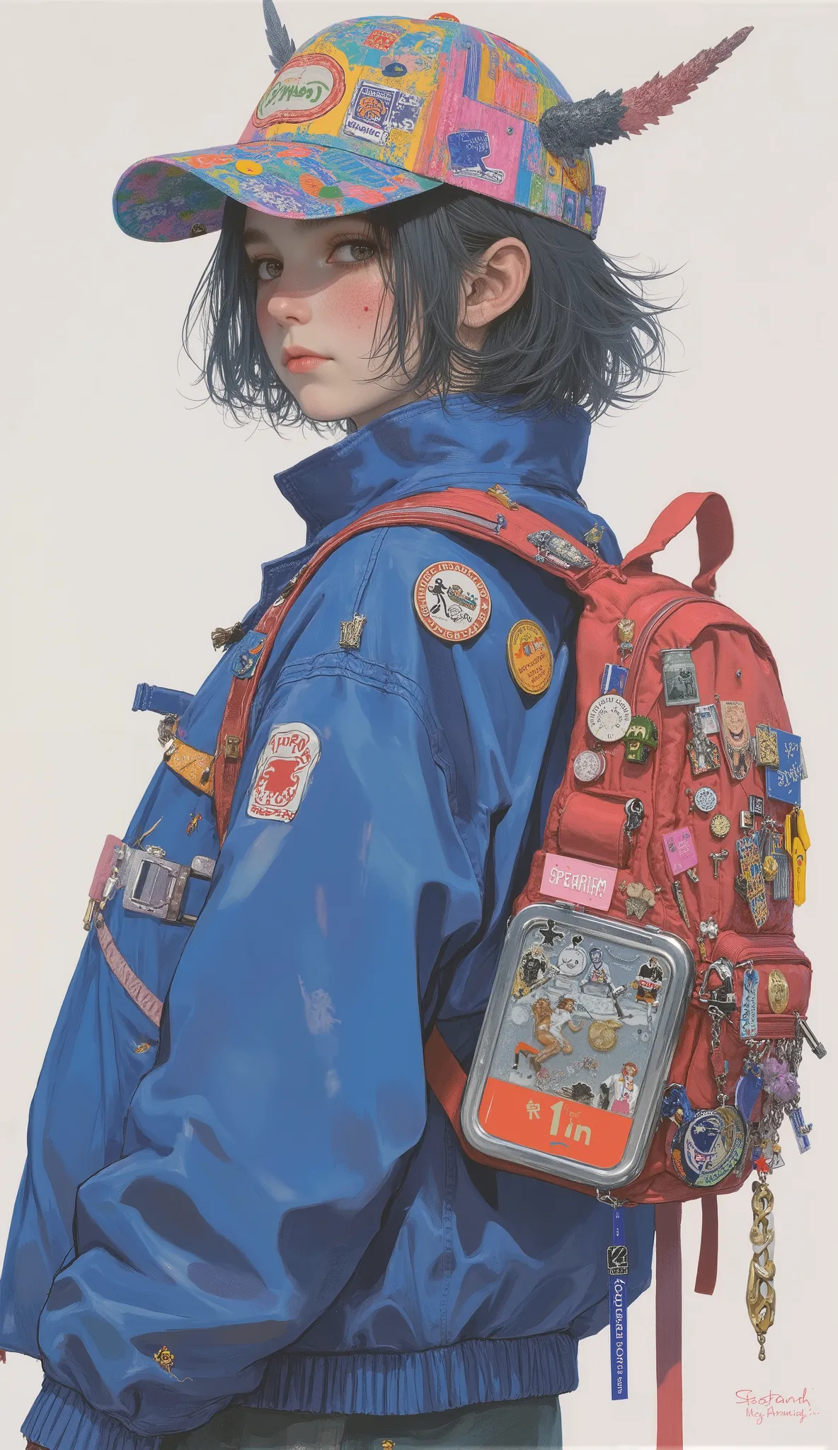彼らのジャケットteeth印象的なブルー, 若い個体teeth自信を持って立っています. in、written on it、young individuals stand confidently, and書かれた鮮やかな赤いバックパック "soccer" and "Choose Choice." in addition to this whimsical style, has the coat of , the jacket's right arm is extended. In addition to ...