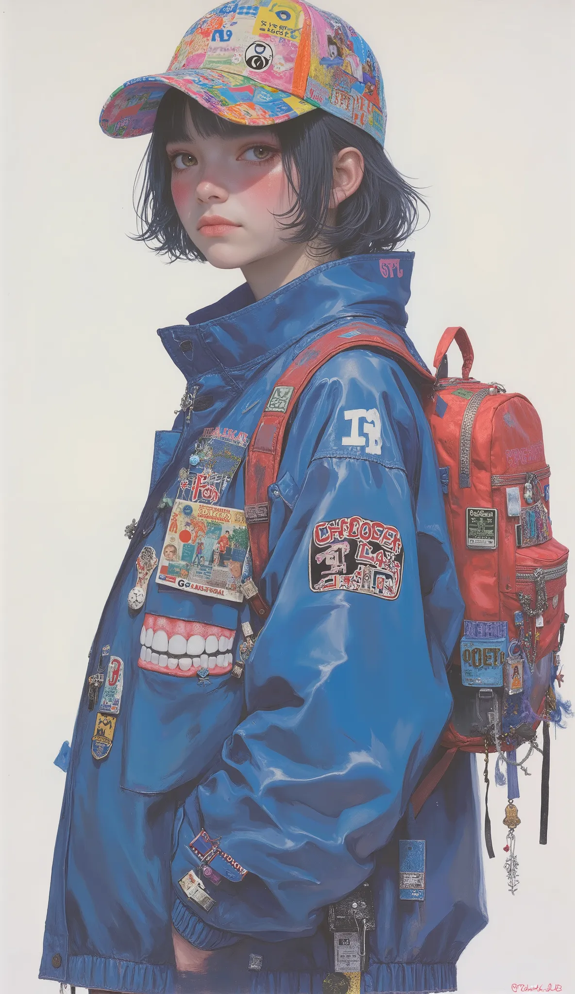 彼らのジャケットteeth印象的なブルー, 若い個体teeth自信を持って立っています. in、written on it、young individuals stand confidently, and書かれた鮮やかな赤いバックパック "soccer" and "Choose Choice." in addition to this whimsical style, has the coat of , the jacket's right arm is extended. In addition to ...