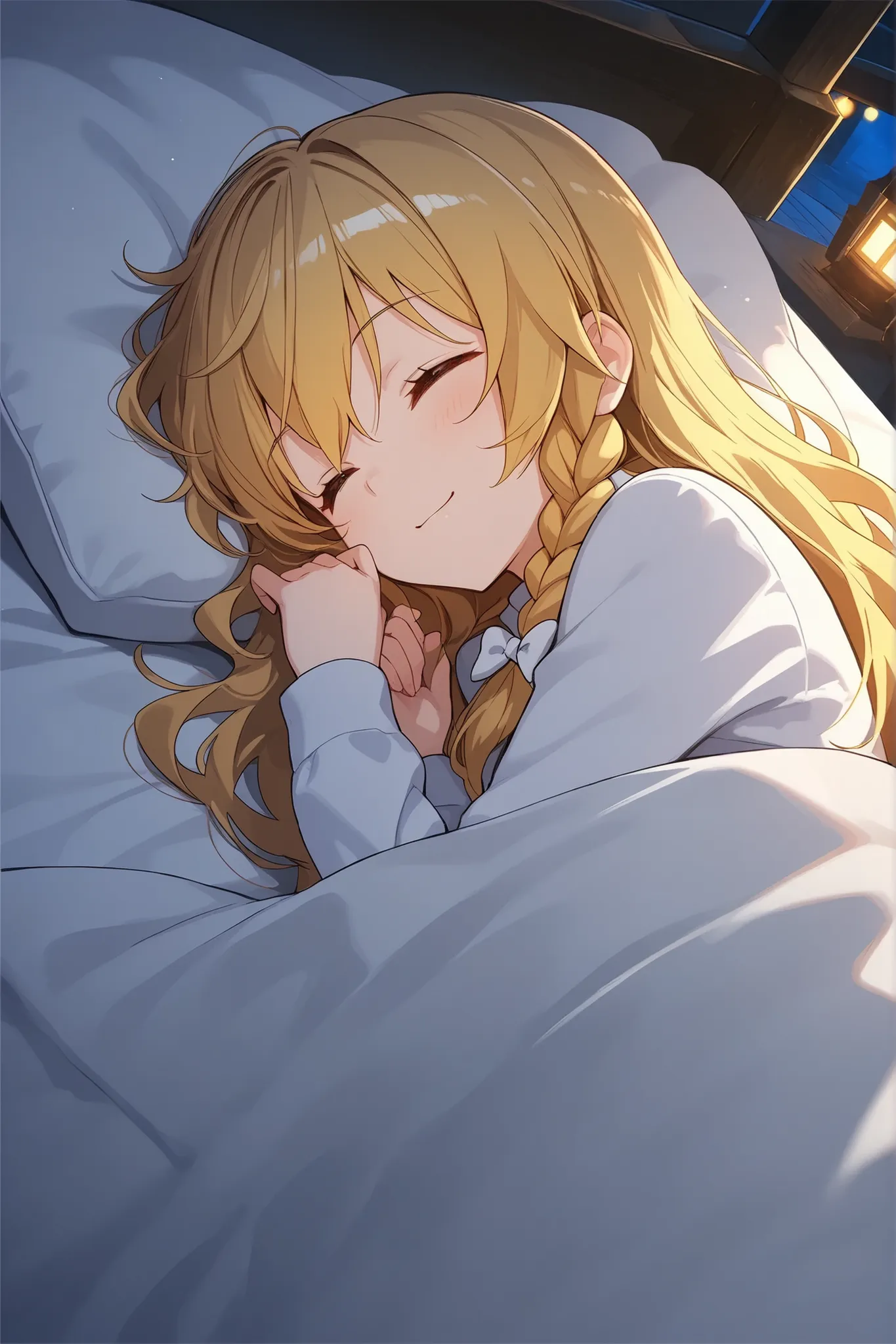 (Quality, 4k, A High Resolution, Masterpiece), Marisa Kirisame, smile, blonde hair, long hair, side braid, golden eyes, sleeping on a bed, night