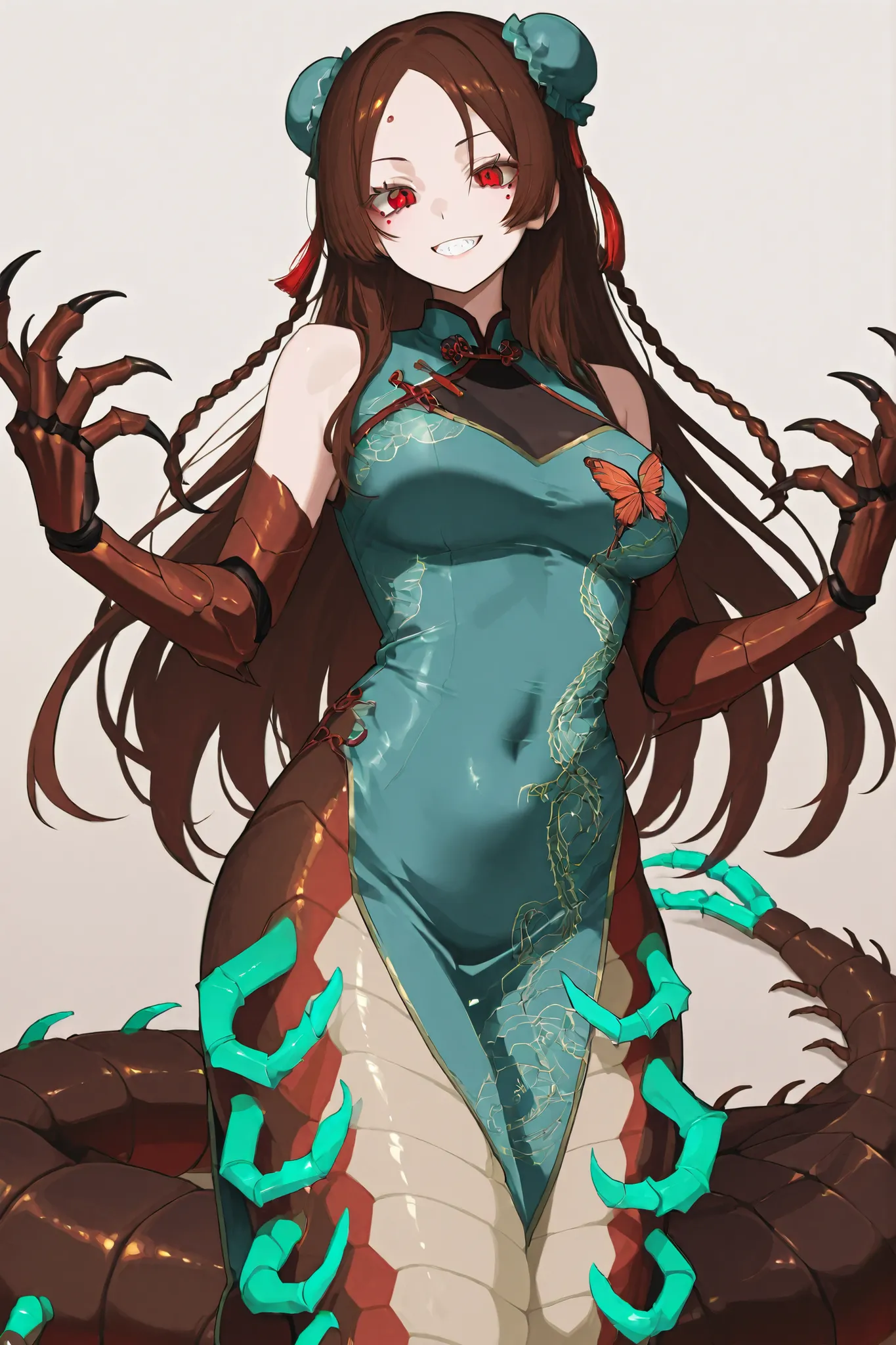 Centipede Fusion Girl. Lamia style. Brown centipede body. Mint colored insect legs. Brown hair. Side bangs. Forehead. Compound eyes. Black chignon cap. Red eyes. Butterfly tattoo on under eye. Grin. Mint colored armored arms. Sharp claws. Chinese dress. La...