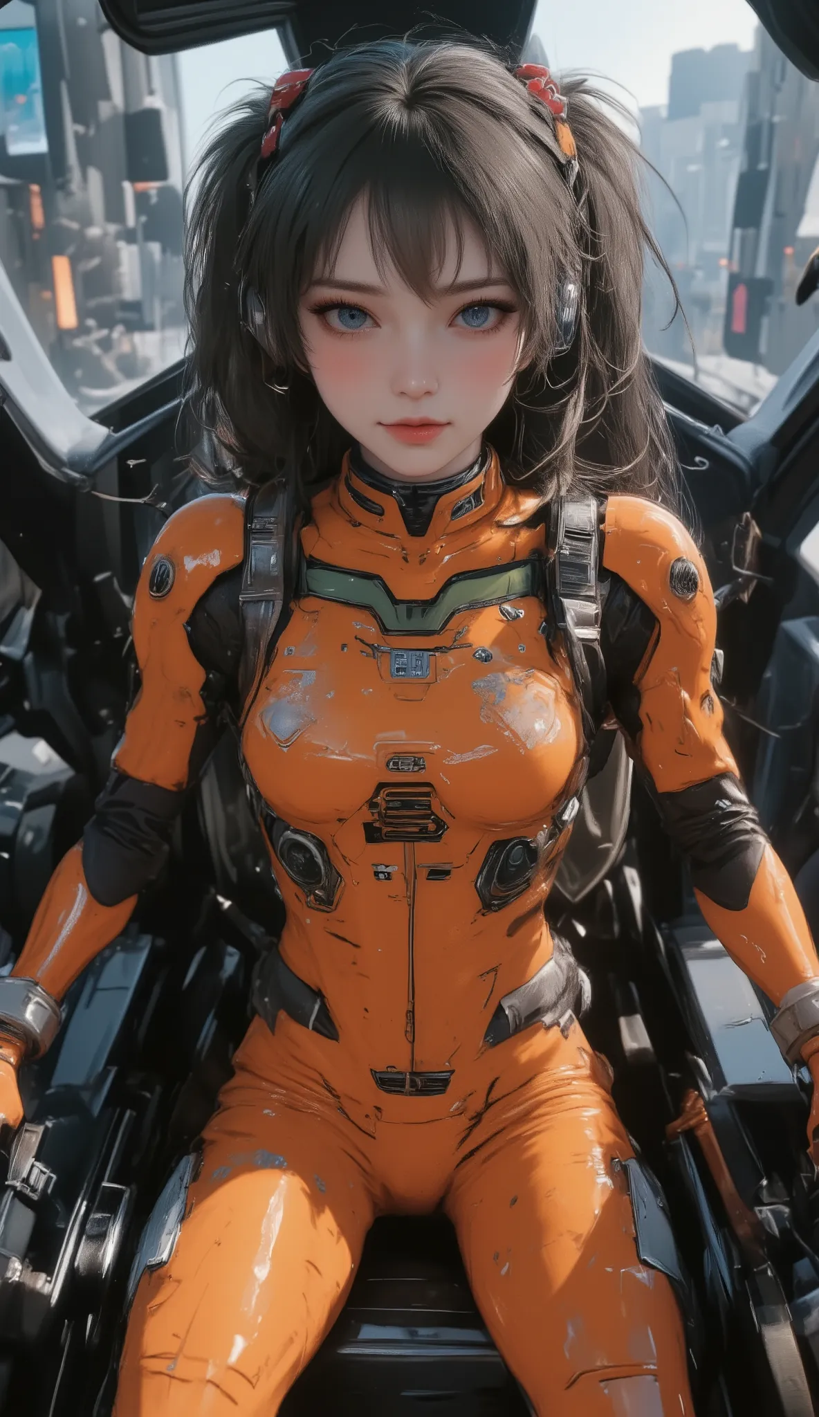 cockpit、 futuristic suit 、2、Woman、Alone、 black hair、Bob、 Princess Cut 、 long hair、taken from above 、 headset、 track the pilot and move the robot、Wave Fist pose 、 dynamic pose、 Shooting from above with a wide-angle lens 。