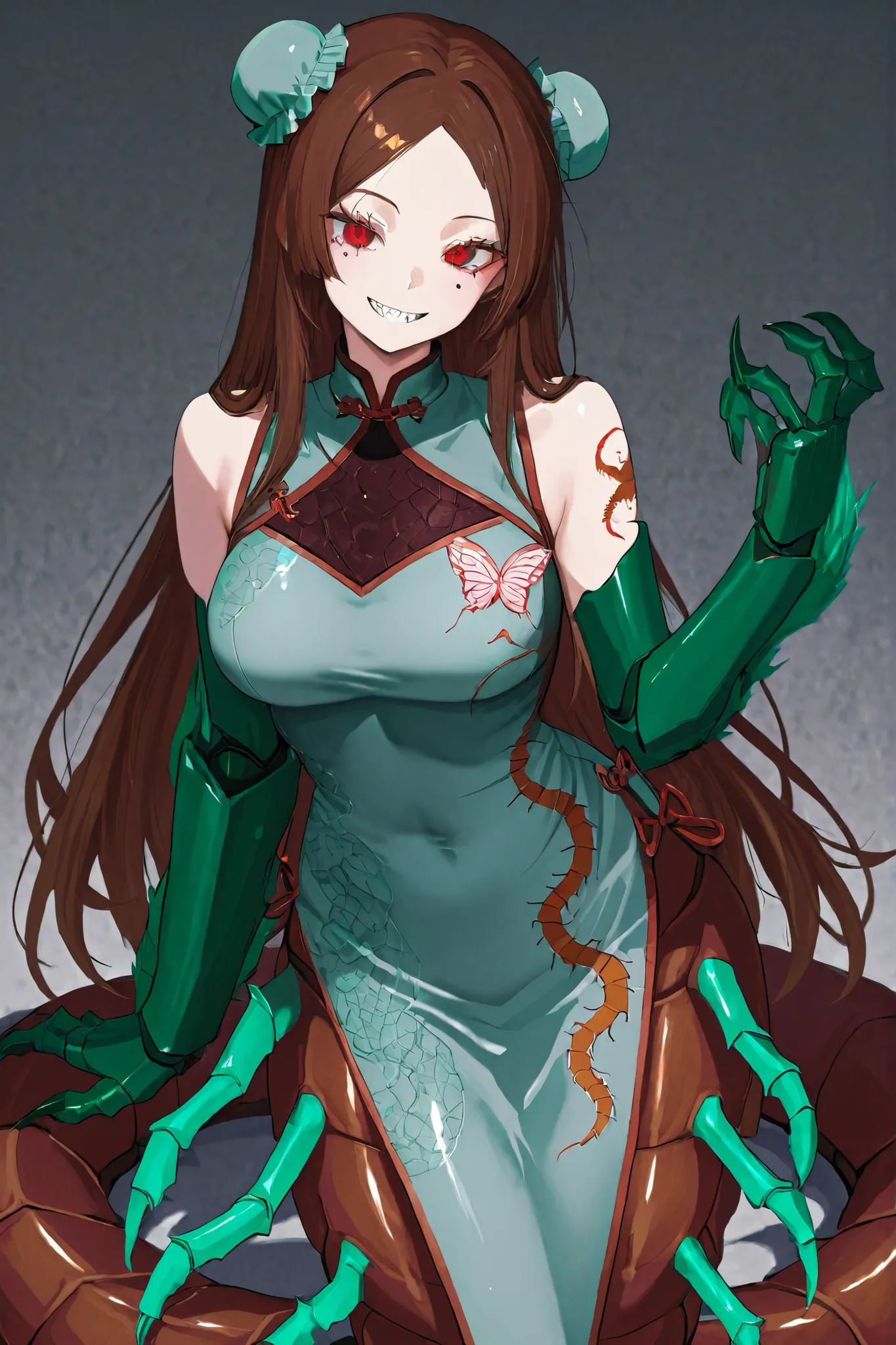 Centipede Fusion Girl. Lamia style. Brown centipede body. Mint colored insect legs. Brown hair. Side bangs. Forehead. Compound eyes. Black chignon cap. Red eyes. Butterfly tattoo on under eye. Grin. Mint colored armored arms. Sharp claws. Chinese dress. La...