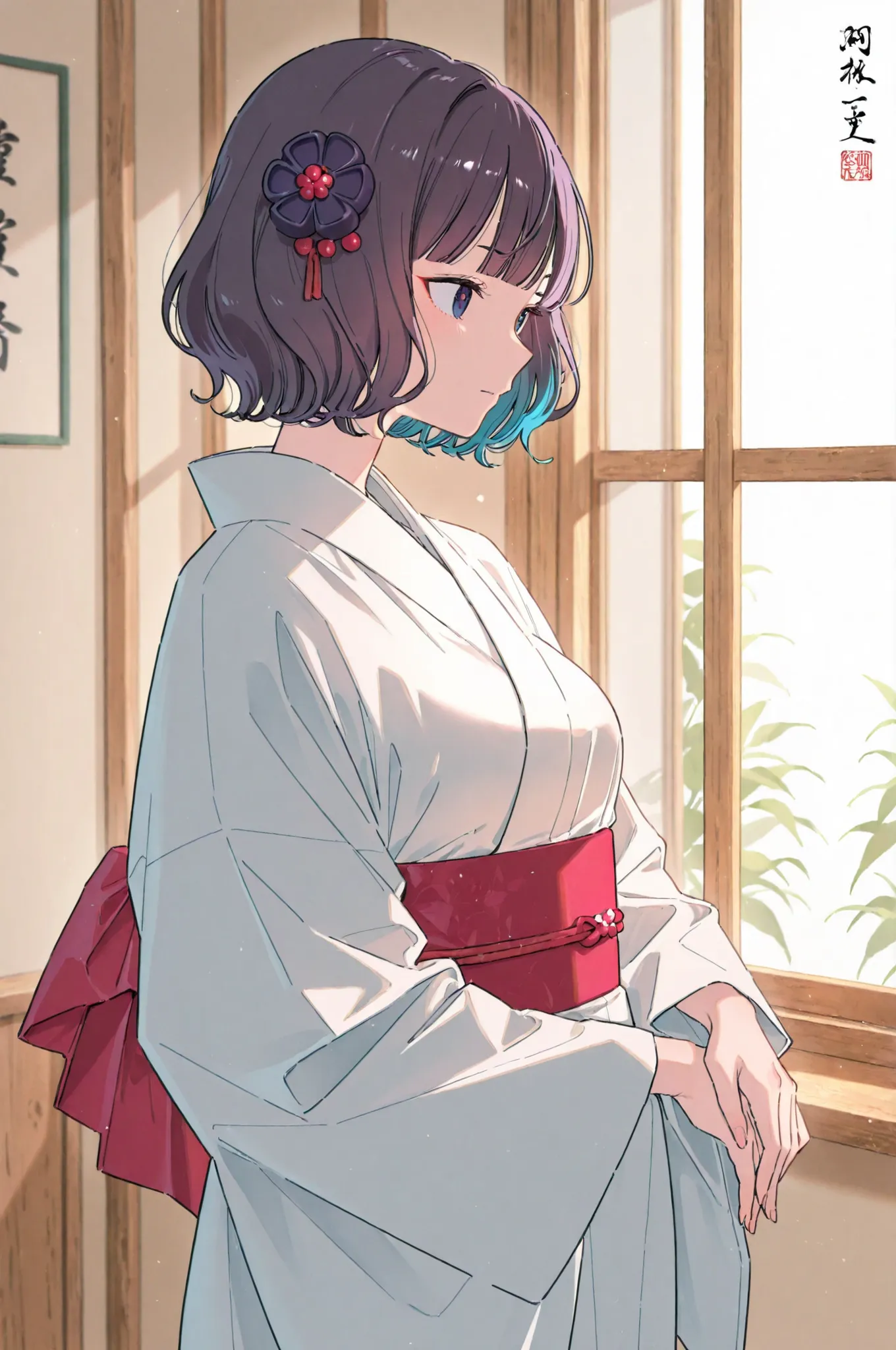 high resolution images in front of the teacher、Katsushika Hokusai manga (Beautiful Eyes、Look at every detail、multi-colored hair under arms)、Kimono that looks like a yukata、Woman looking out the window 、葛飾北斎スタイルで海辺の宿ように見えるhigh resolution images in front of ...