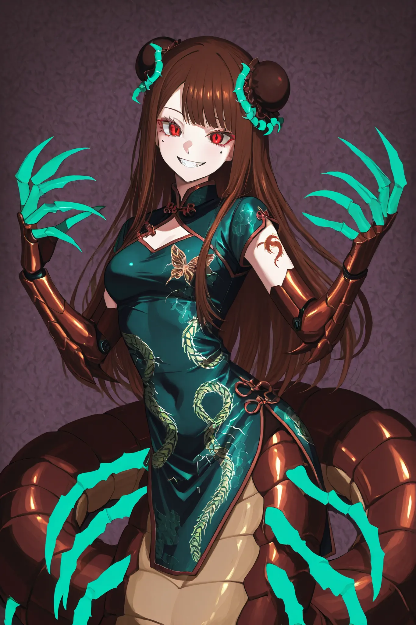 Centipede Fusion Girl. Lamia style. Brown centipede body. Mint colored insect legs. Brown hair. Side bangs. Forehead. Compound eyes. Black chignon cap. Red eyes. Butterfly tattoo on under eye. Grin. Mint colored armored arms. Sharp claws. Chinese dress. La...