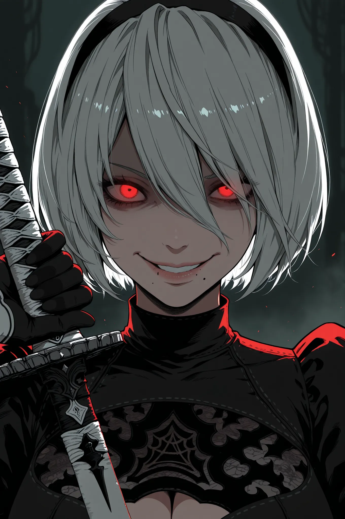 1woman, solo, 2b, nier automata, mole under mouth, sadistic expression, evil smile, crazy eyes, red glowing eyes, black dress, lace-trimmed dress, holding sword, white sword, depth of field, portrait, masterpiece, best quality, high quality, amazing quality, absurdres, newest