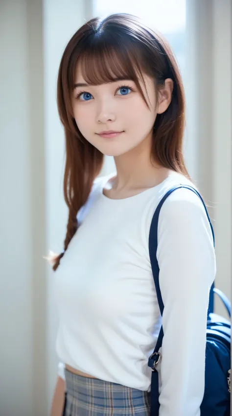 high school girl, solo, chest, 金My hair_My hair, Blue_eye, small cute nose, look_in_viewer, Closed_mouth, side lock, long_My hair, super realistic, 8k, very detailed, photorealistic, 仁王立ちin腰に手を当てる:1.5,