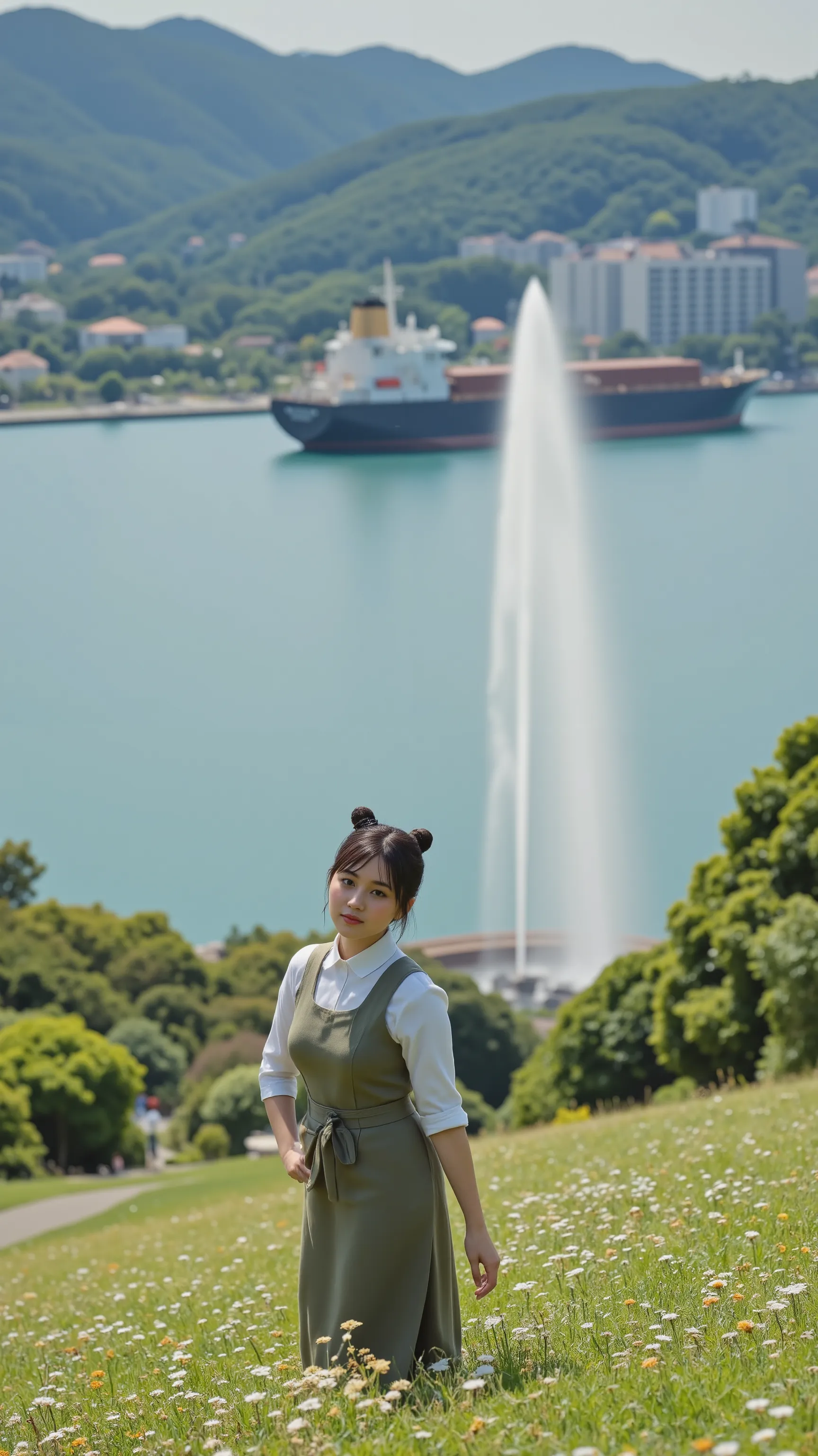 highdefinition images,in a 赤いバラのfield、Beautiful woman in 青いドレス姿（face details、）stands and looks at the camera,Kobe Botanical Garden、a hill where you can see the sea and the fountain、a tanker can be seen in the ocean、全身highdefinition images、