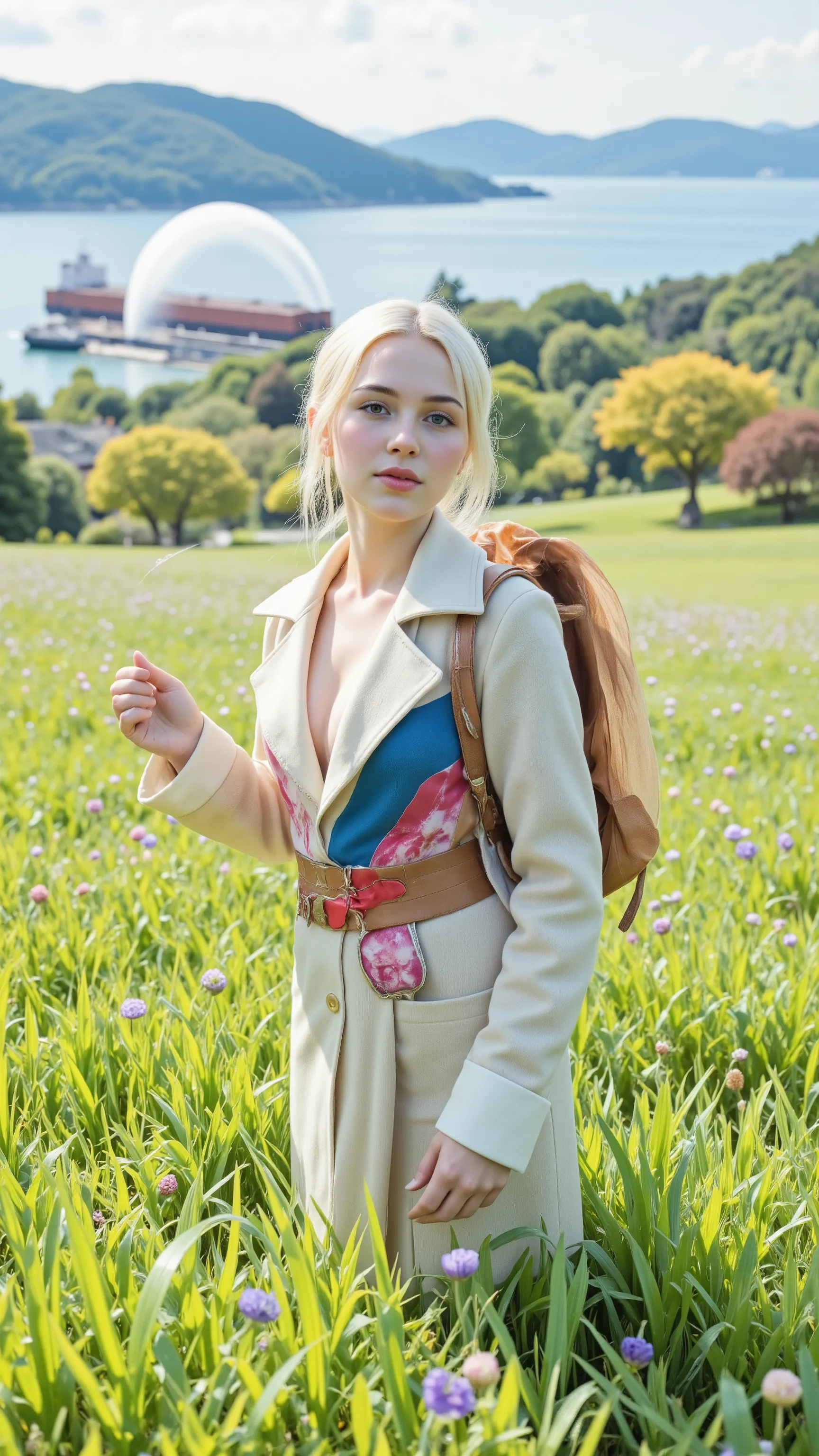 highdefinition images,in a 赤いバラのfield、Beautiful woman in 青いドレス姿（face details、）stands and looks at the camera,Kobe Botanical Garden、a hill where you can see the sea and the fountain、a tanker can be seen in the ocean、全身highdefinition images、