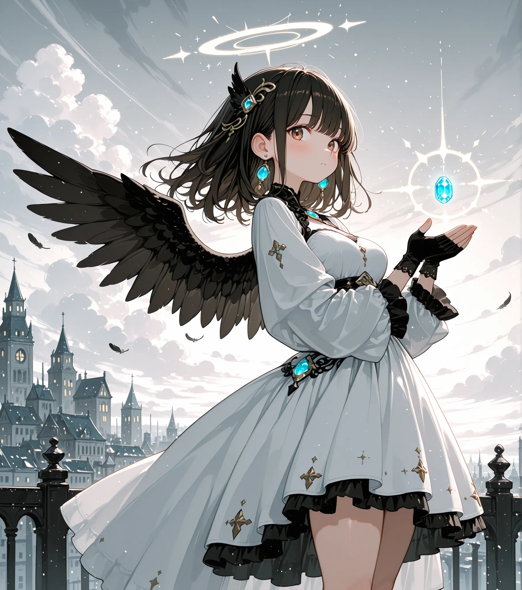 1girl, black_hair, wings, jewelry, solo, earrings, looking_at_viewer, cloud, bangs, breasts, gloves, brown_eyes, dress, cloudy_sky, sky, closed_mouth, long_sleeves, hair_ornament, outdoors, medium_breasts, standing, thighs, glowing, blush, feathered_wings,...