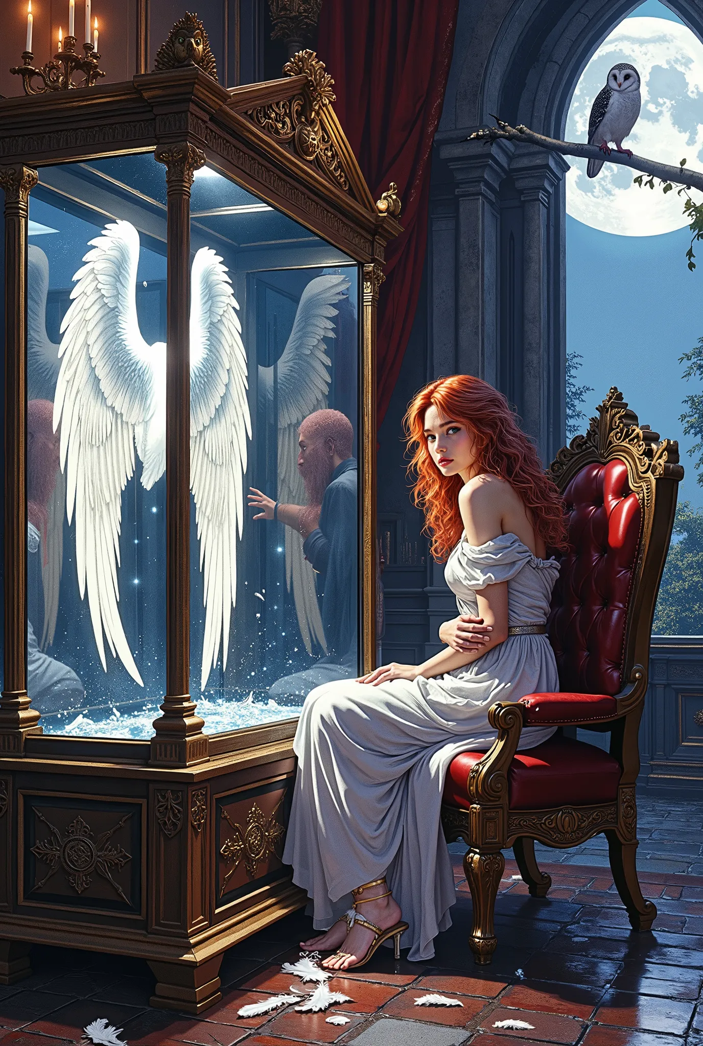 (masterpiece:1.6), (ultra-detailed:1.4), dramatic chiaroscuro, gothic baroque style, highly symbolic narrative scene
a luxurious, dimly lit room in baroque architecture — candlelight flickering against deep red curtains and carved stone walls
embedded ...