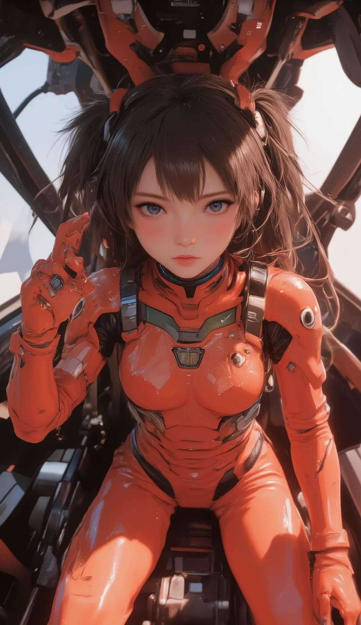 Red fluid-filled cockpit、 futuristic suit 、2、Woman、Alone、 black hair、Bob、 Princess Cut 、 long hair、viewed from above 、 headset、 robot that tracks down the pilot and、is shot from below with a wide-angle lens、Wave Fist pose 、 dynamic pose、 Move the 。