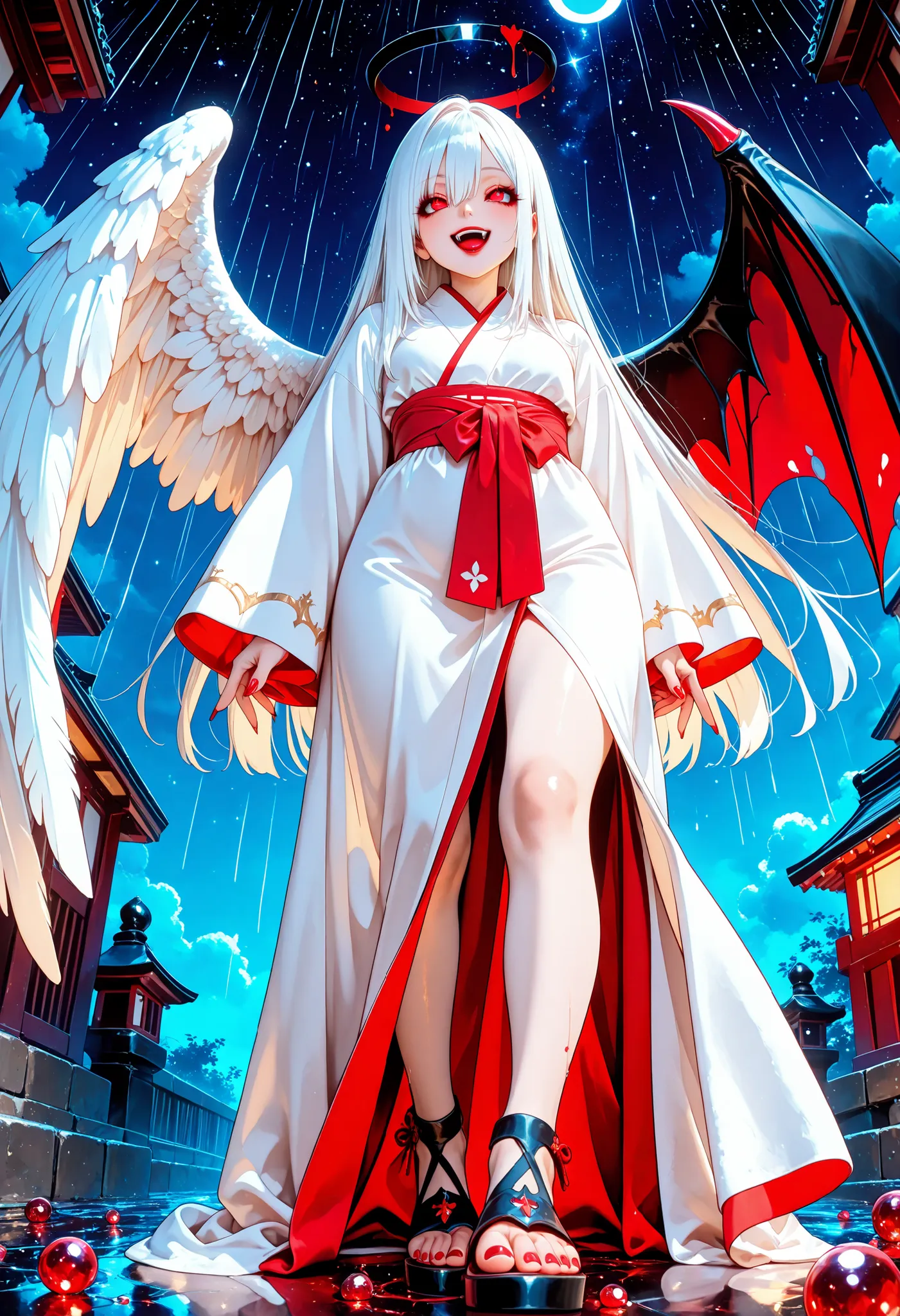 Very High resolution,cute anime-style,masterpiece,best quality,amazing quality,hyper-detailed,very aesthetic,Greek mythology style,from below,A composition looking up at the sky,A moonless night,A starry sky,Small red stones raining down,A fallen angel des...