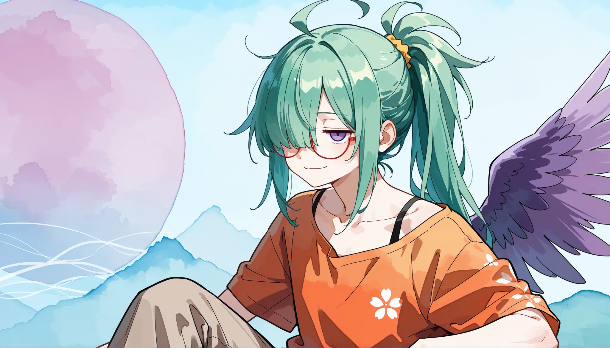 ( masterpiece , best quality , high quality ,8k,)  ( watercolor style illustration, :1.3) solo  (beautiful-young-man:1.4)  knight = = △ male muscular flat-chest (green-wavy-long-ponytail-hair:1.4)    (hair over one  eye, bangs, long bangs, :1.4) red-aloha-...