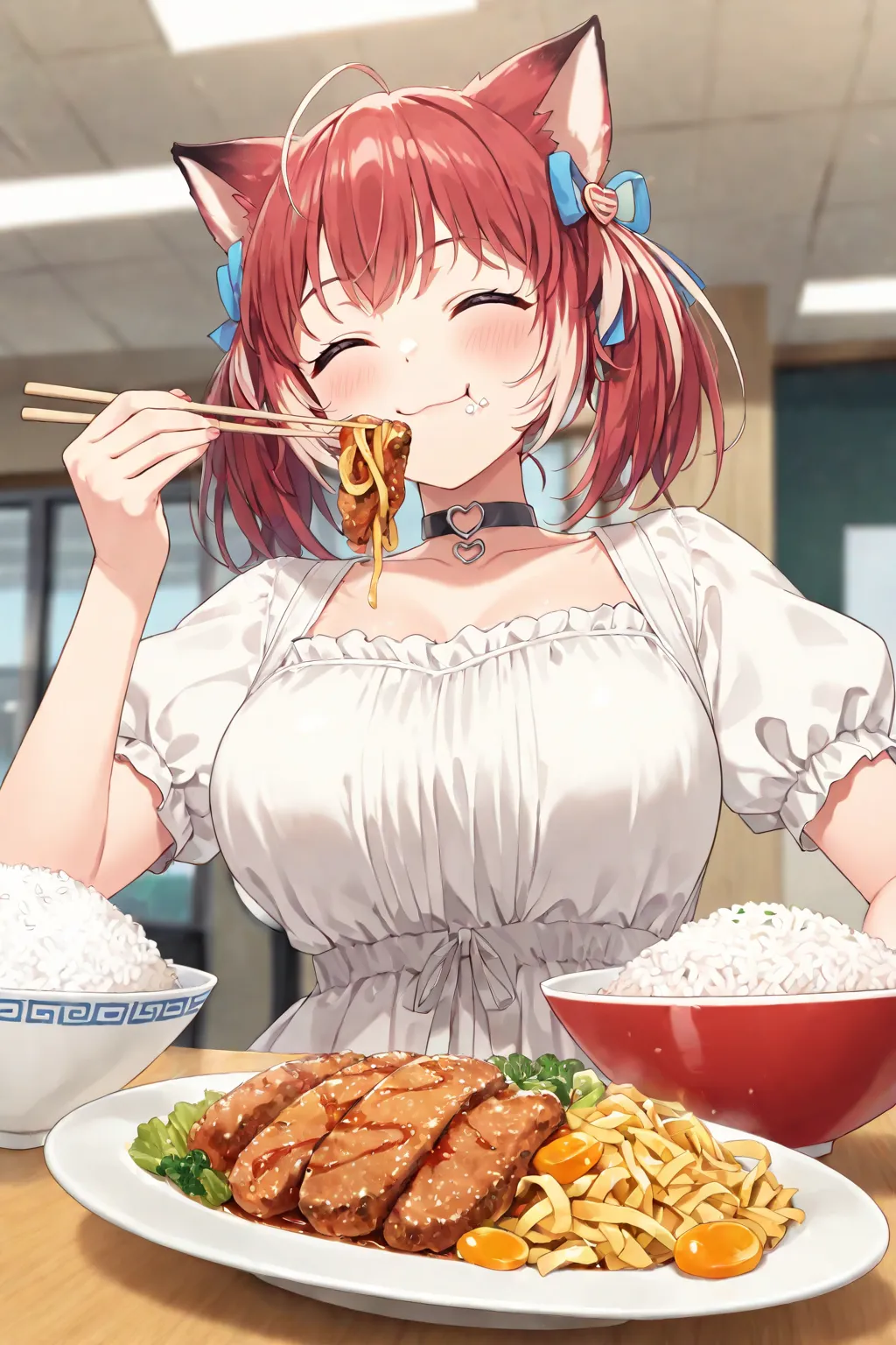 赤身Karubi、Karubi、red hair、Cat ears、
shiny, high resolution images in front of the teacher, masterpiece, High Quality, very high resolution, Ultra Details, 
8k, Volumetric Light, depth of field, ((solo)),((1 girl)),smile,
a huge bowl of rice, a mountain of rice,a large meal, tons of food, heaping rice bowls,
confident expression, relaxed smile, casual, calm while eating,
eating, chewing, mouth full, holding chopsticks,
gluttonous, eating champion, big eater, carefree, satisfied,
table full of food, multiple dishes, overflowing plate,