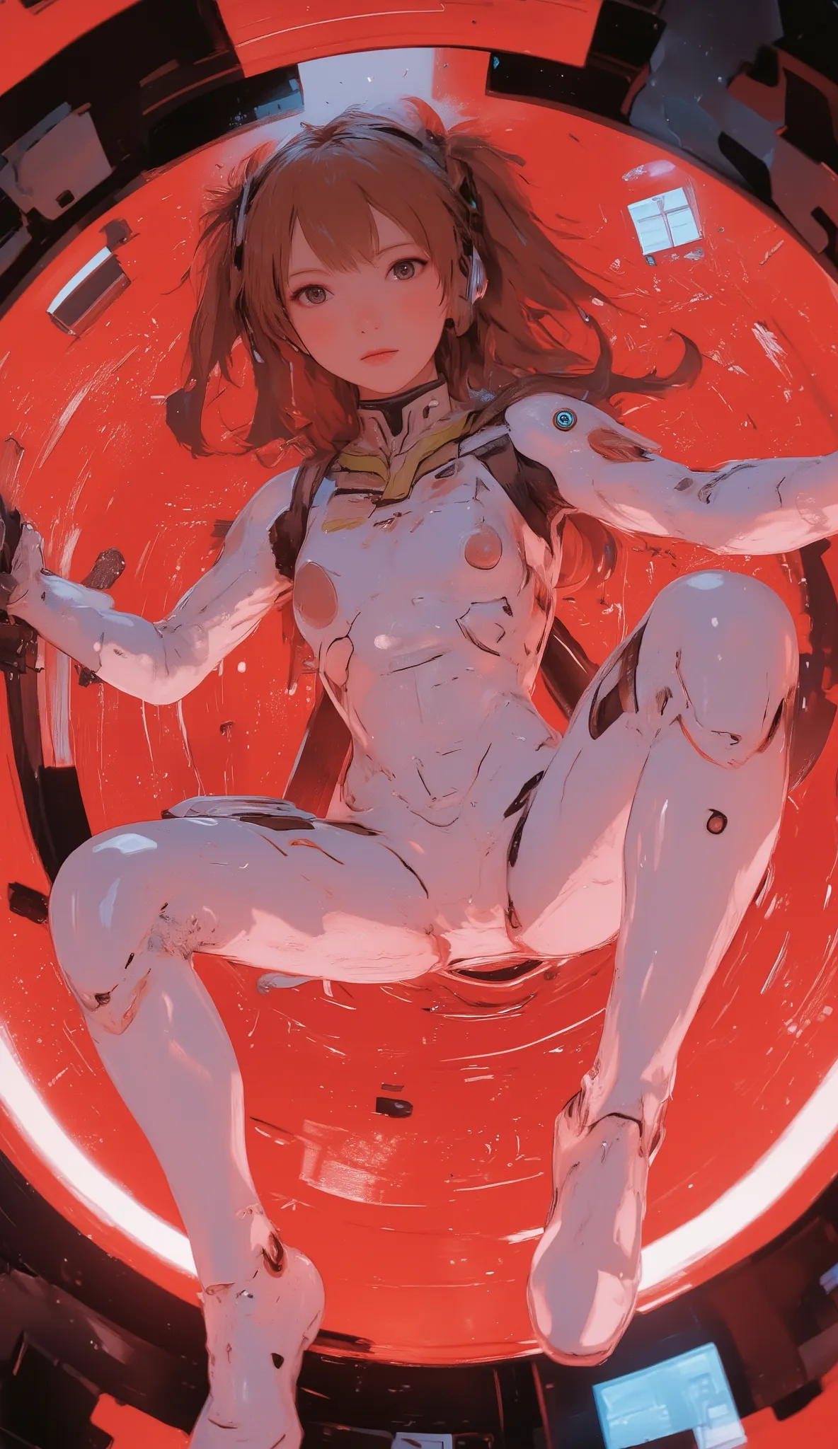 Red fluid-filled cockpit、lying position、 futuristic white suit 、solo、Digitally processed information is projected on the wall、Activity time display、Woman、Alone、headset、 tracks the pilot and takes a picture from below with a wide-angle lens、 dynamic pose、 M...