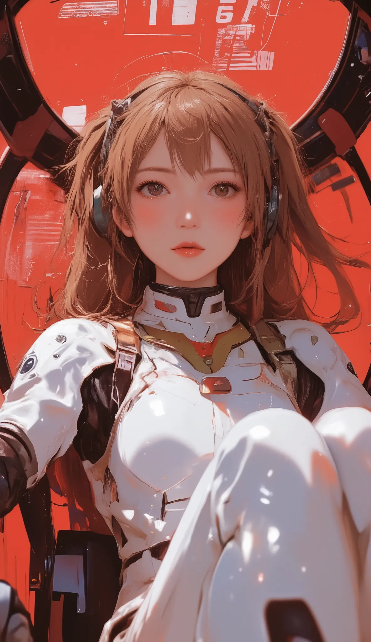 Red fluid-filled cockpit、lying position、 futuristic white suit 、solo、Digitally processed information is projected on the cockpit covered with a liquid crystal panel、Activity time display、Woman、Alone、headset、 tracks the pilot and takes a picture from below ...
