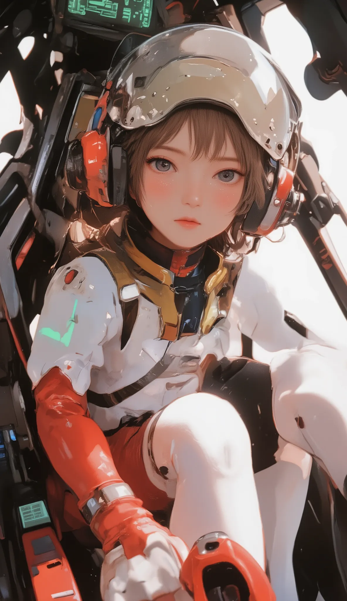 Red fluid-filled cockpit、lying position、 futuristic white suit 、Transparent full face helmet、solo、Digitally processed information is projected on the cockpit covered with a liquid crystal panel、Activity time display、Woman、Alone、headset、 tracks the pilot an...