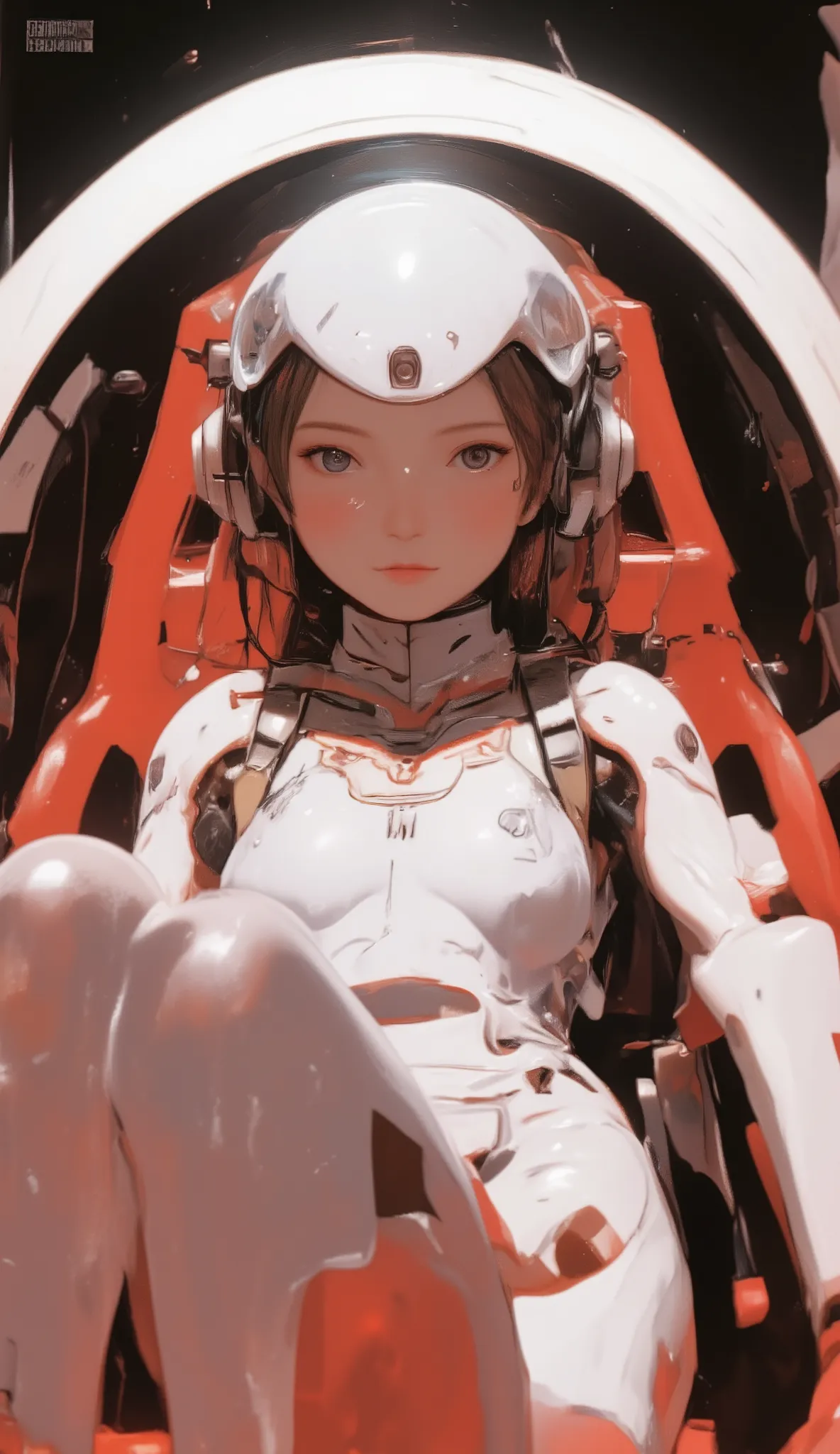 Red fluid-filled cockpit、lying position、 futuristic white suit 、clear glass full face helmet、solo、Digitally processed information is projected on the cockpit covered with a liquid crystal panel、Activity time display、Woman、Alone、headset、 tracks the pilot an...