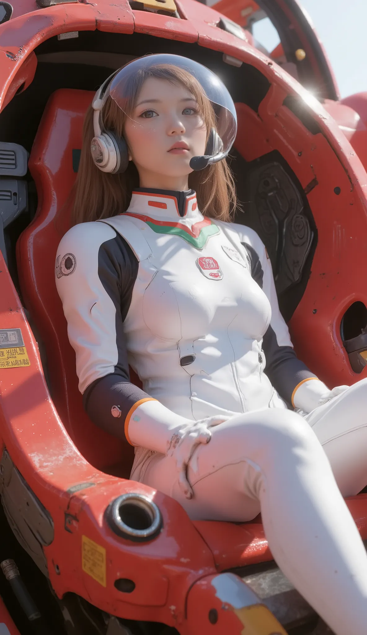 Red fluid-filled cockpit、lying position、 futuristic white suit 、clear glass full face helmet、solo、Digitally processed information is projected on the cockpit covered with a liquid crystal panel、Activity time display、Woman、Alone、headset、 tracks the pilot an...