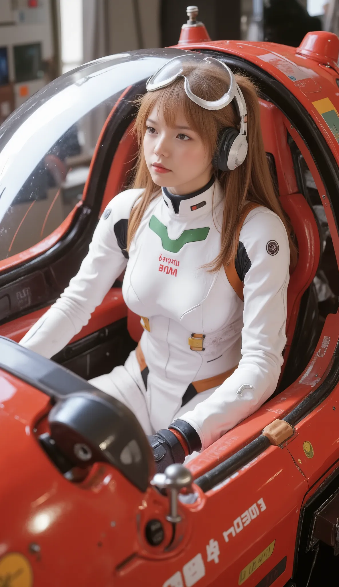 Red fluid-filled cockpit、lying position、 futuristic white suit 、clear glass full face helmet、solo、Digitally processed information is projected on the cockpit covered with a liquid crystal panel、Activity time display、Woman、Alone、headset、 tracks the pilot an...