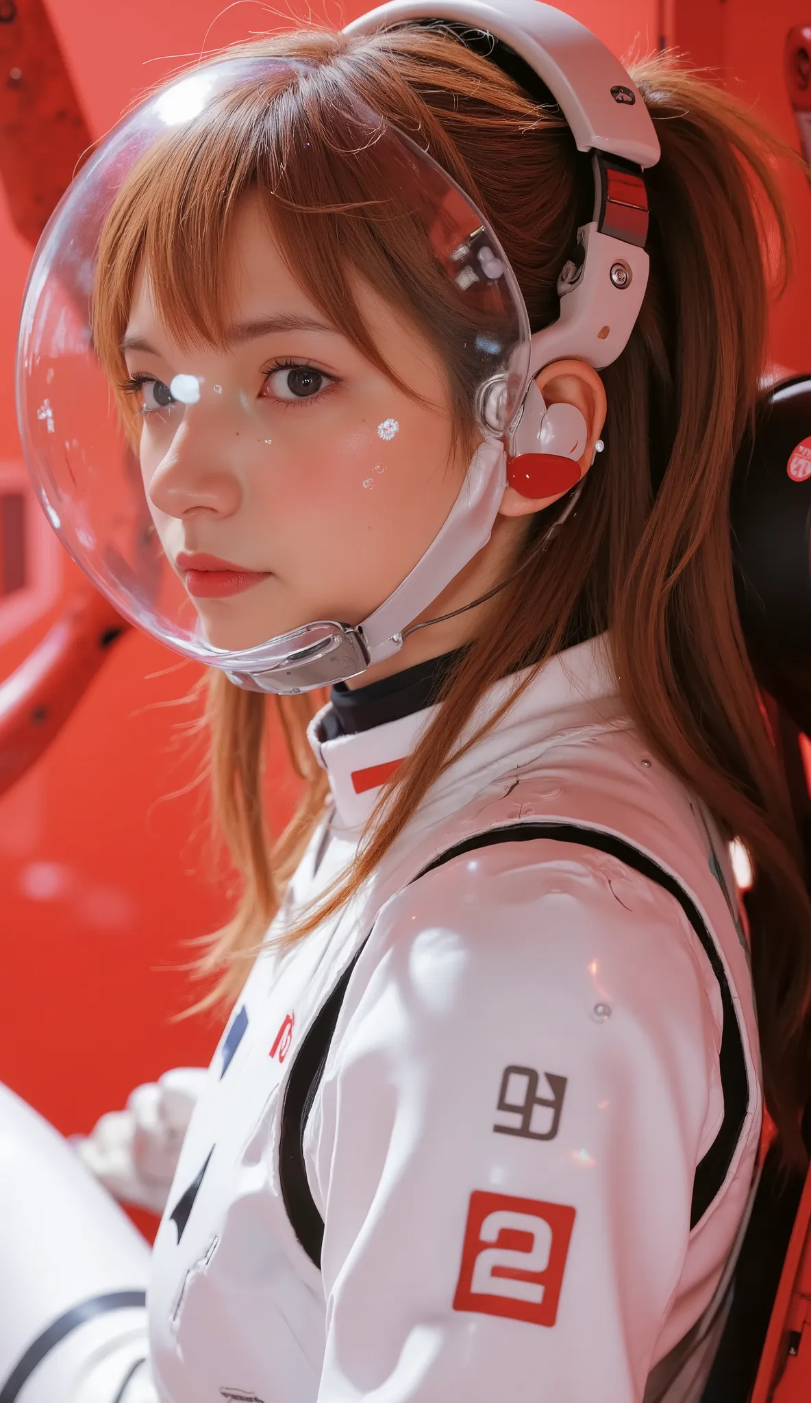 Red fluid-filled cockpit、lying position、 futuristic white suit 、clear glass full face helmet、solo、Digitally processed information is projected on the cockpit covered with a liquid crystal panel、Activity time display、Woman、Alone、headset、 tracks the pilot an...